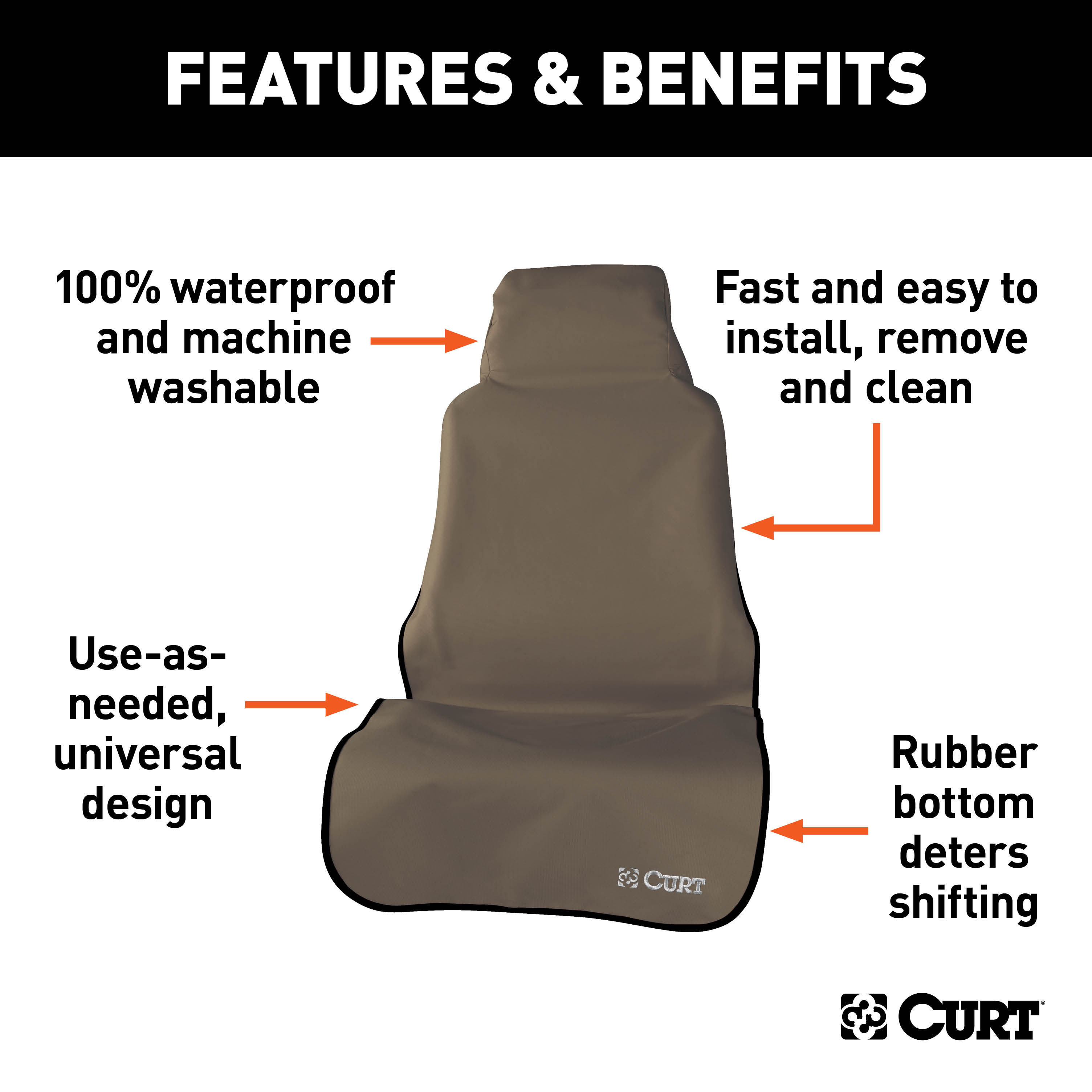 CURT Seat Defender 58" x 23" Removable Waterproof Brown Bucket Seat Cover Seat Cover thumbnail 1