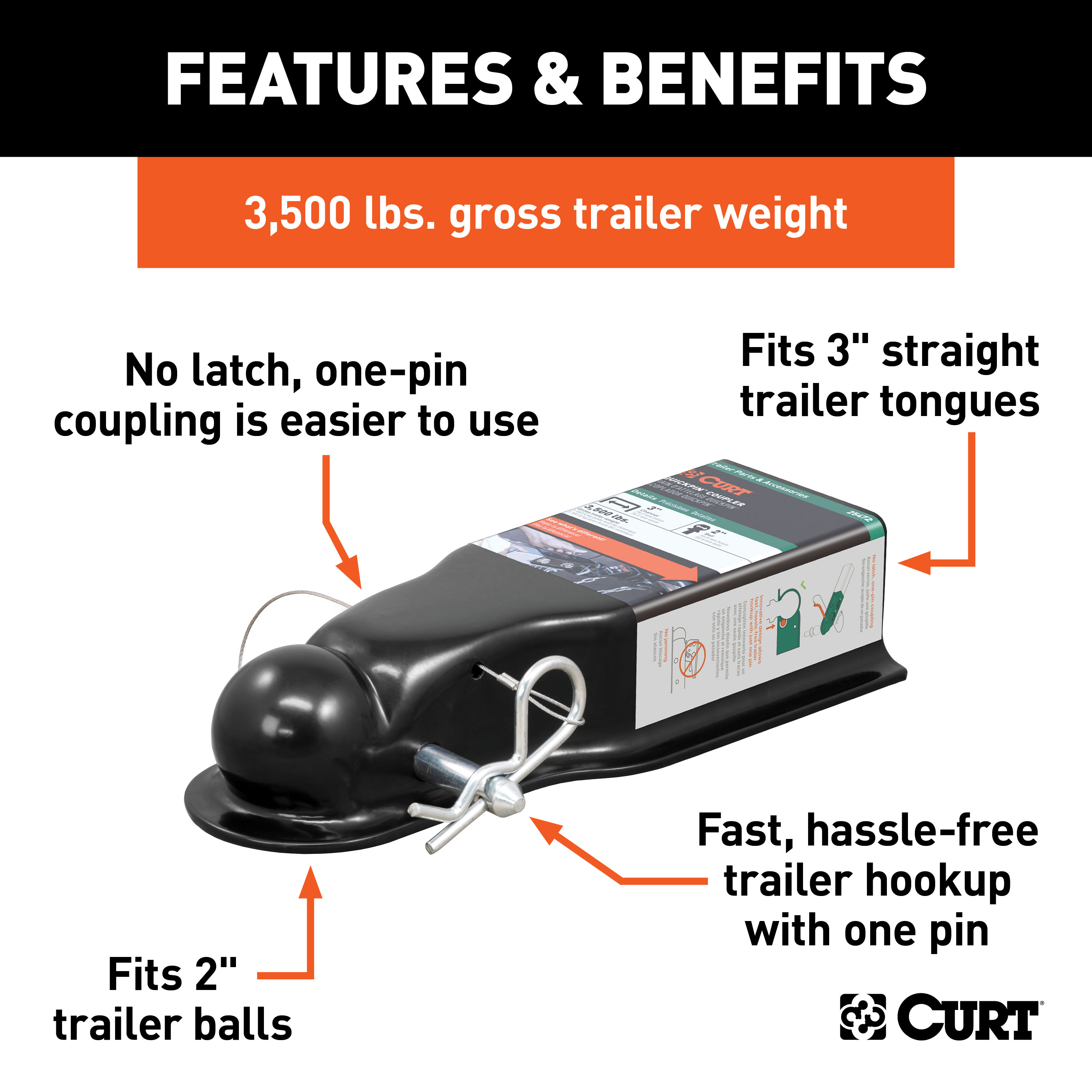CURT 3,500 lbs QuickPin No-Latch 2" Trailer Coupler (3" Channel) Trailer Hitch Coupler thumbnail 1