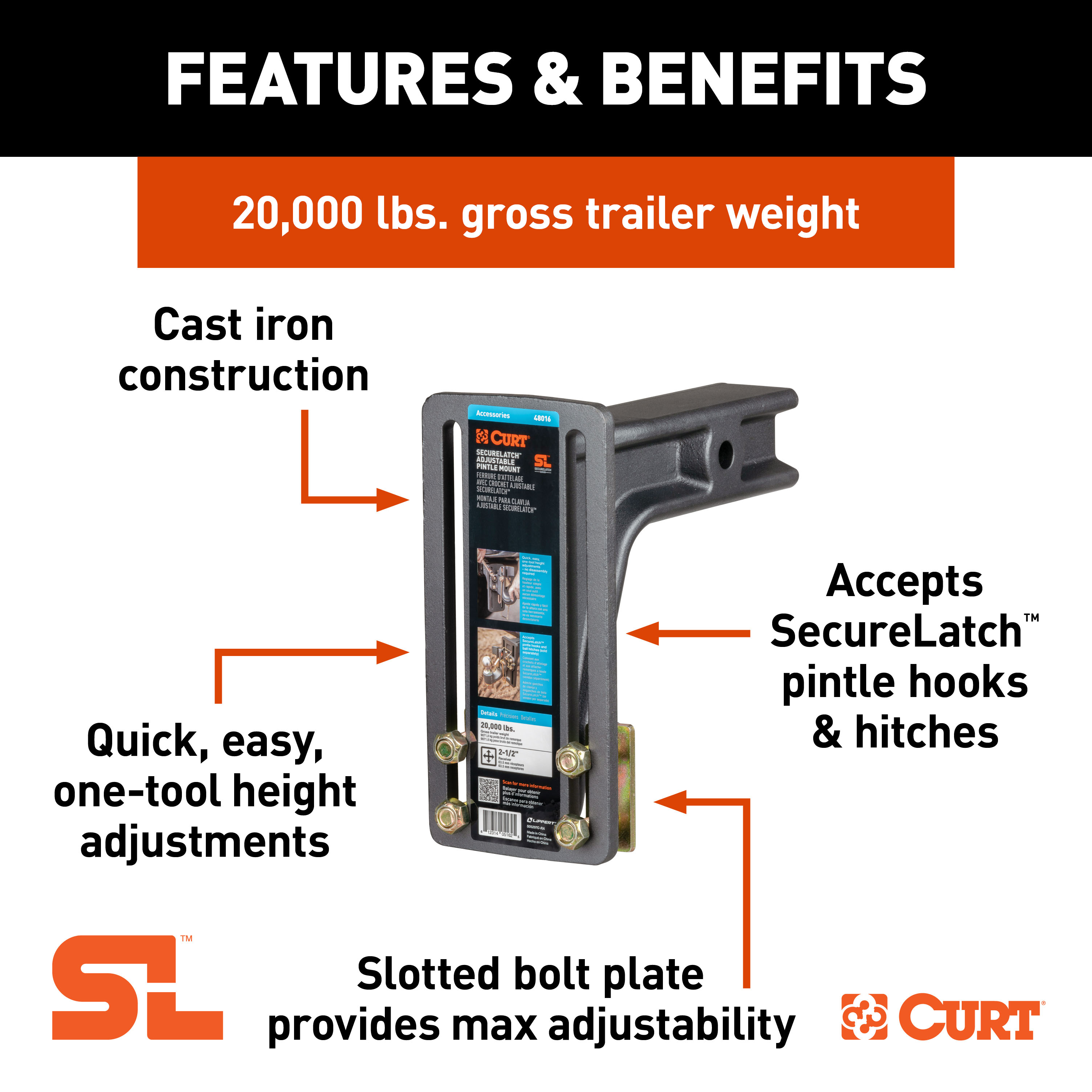 CURT SecureLatch Adjustable Pintle Mount (2-1/2" Shank, 20,000 lbs.) Trailer Hitch Pintle Hook Mount thumbnail 1