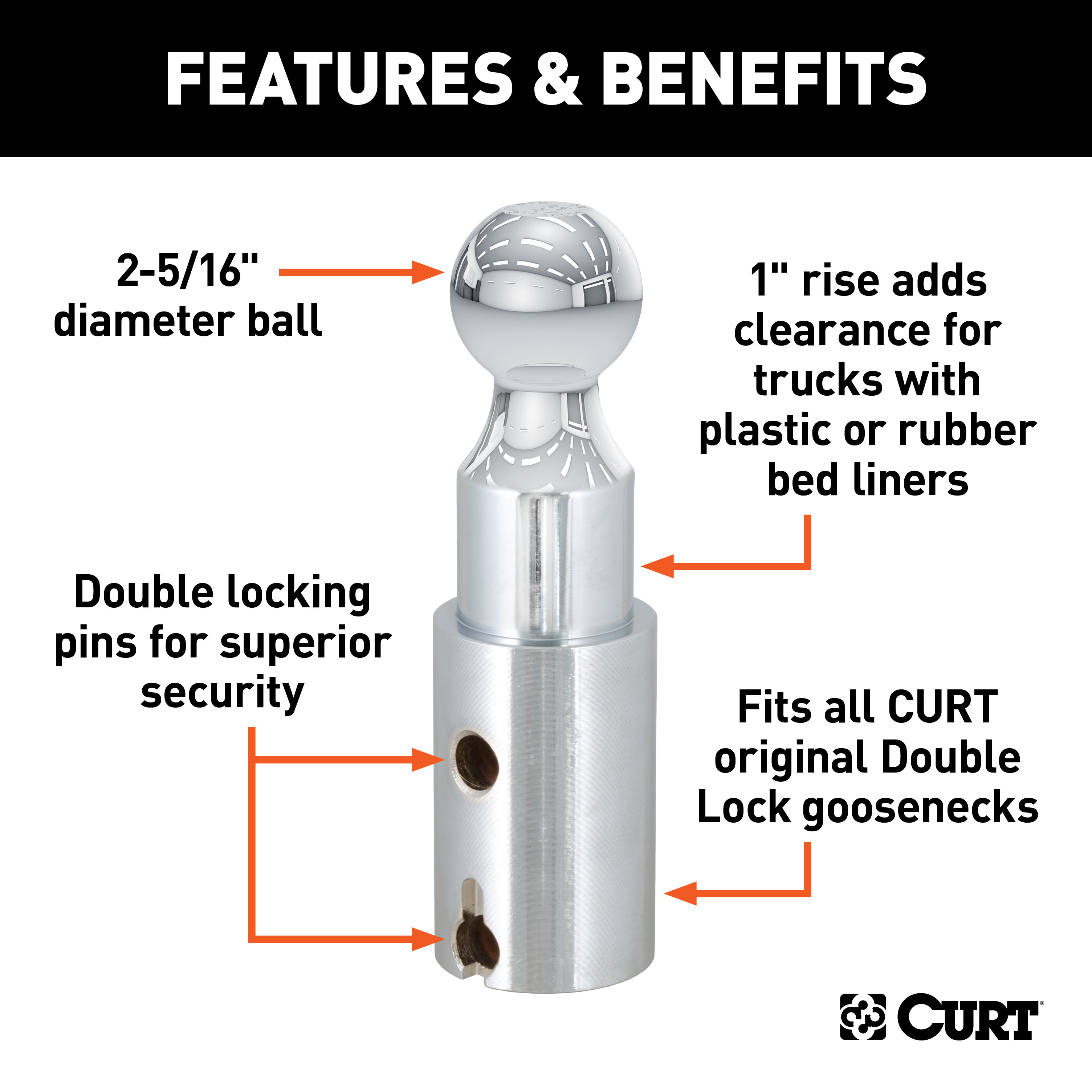 CURT Double Lock 2-5/16" Riser Gooseneck Ball (1" Rise for Bed Liner) Gooseneck Trailer Hitch Ball thumbnail 1