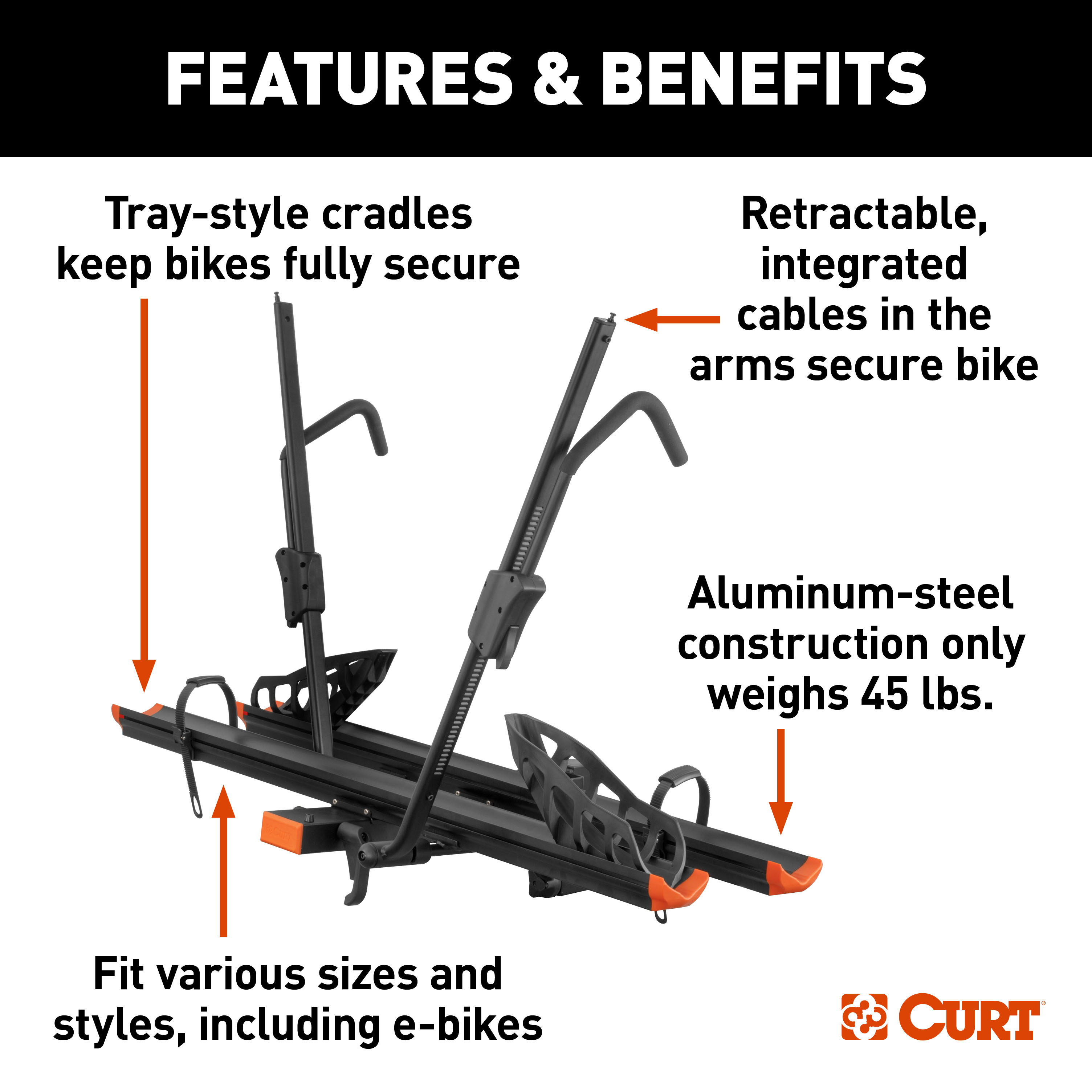 CURT Aluminum Tray-Style Hitch-Mounted Bike Rack (2 Bikes, 2" Shank) Bicycle Rack thumbnail 1