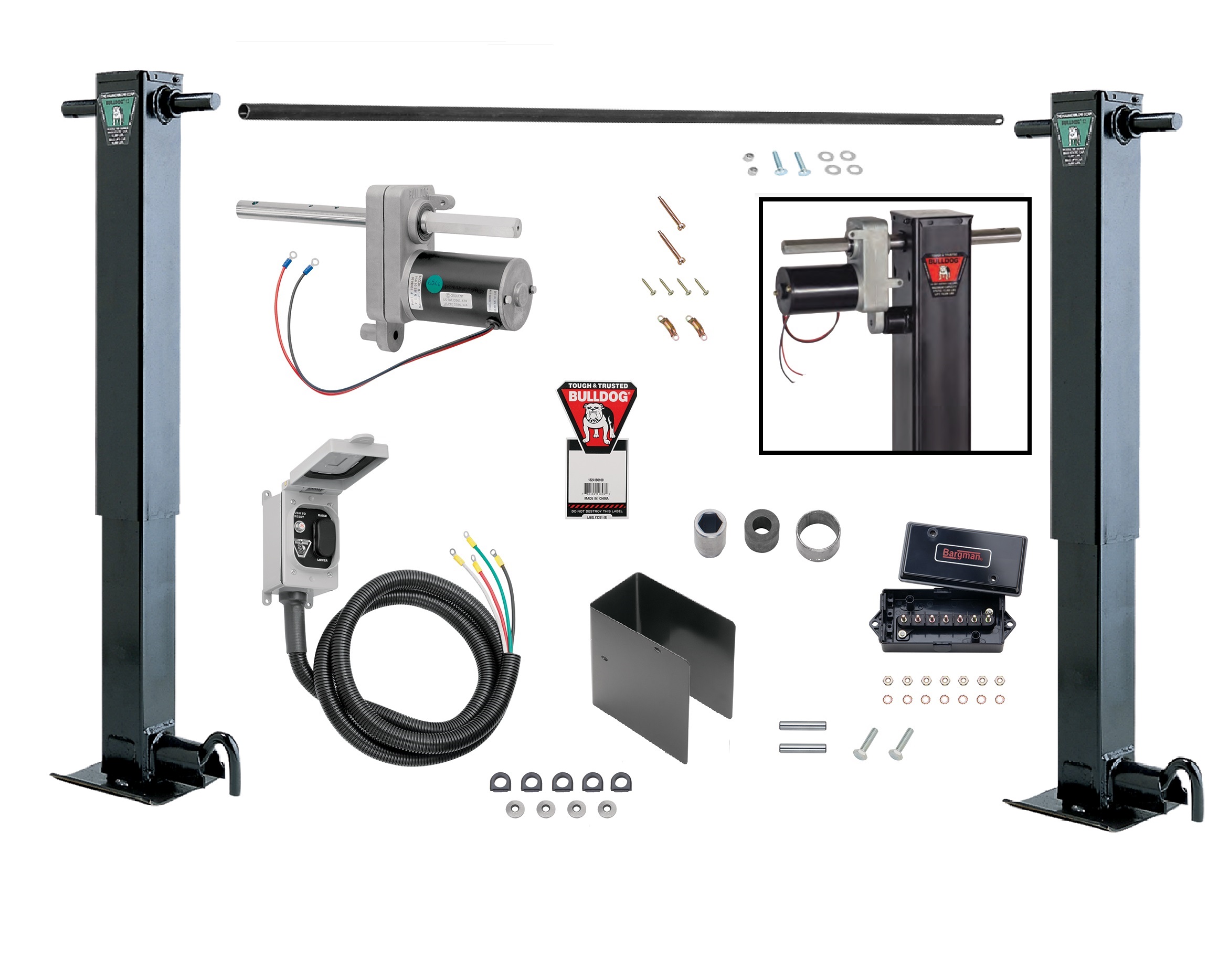 Bulldog 2x 12K Jacks Dual Landing Gear & Electric Motor Kit w/ Cross Shaft Pipe Combo Drop Leg w/ Spring Return w/ Side Pin Powered Drive- 12.5" Lift thumbnail 0