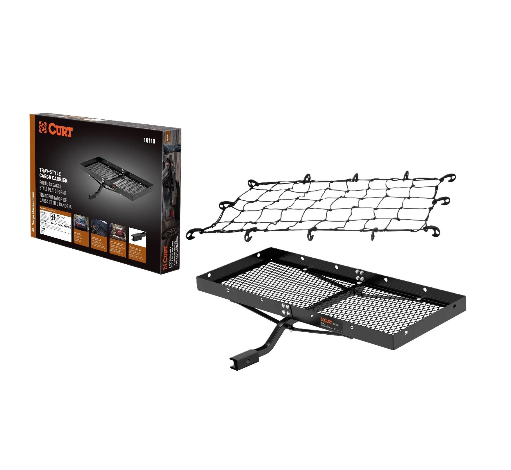 CURT 48" x 20" Tray Cargo Carrier 300 lbs. w/ Cargo Net Fits 1-1/4" & 2" Receivers thumbnail 0