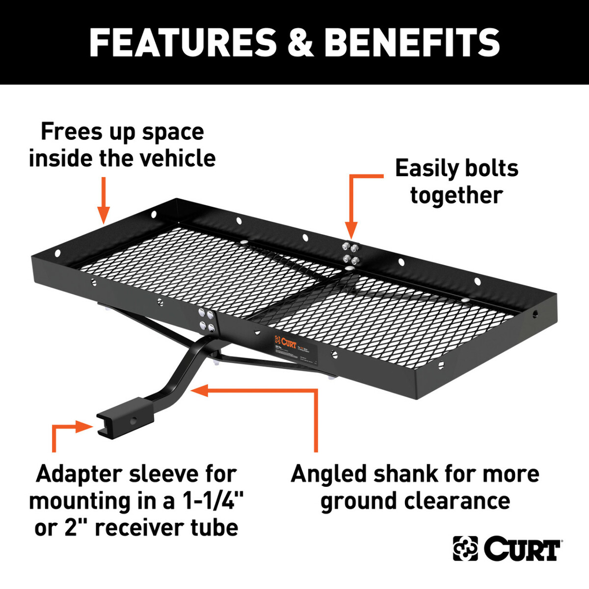CURT 48" x 20" Tray Cargo Carrier 300 lbs. w/ Cargo Net Fits 1-1/4" & 2" Receivers thumbnail 1