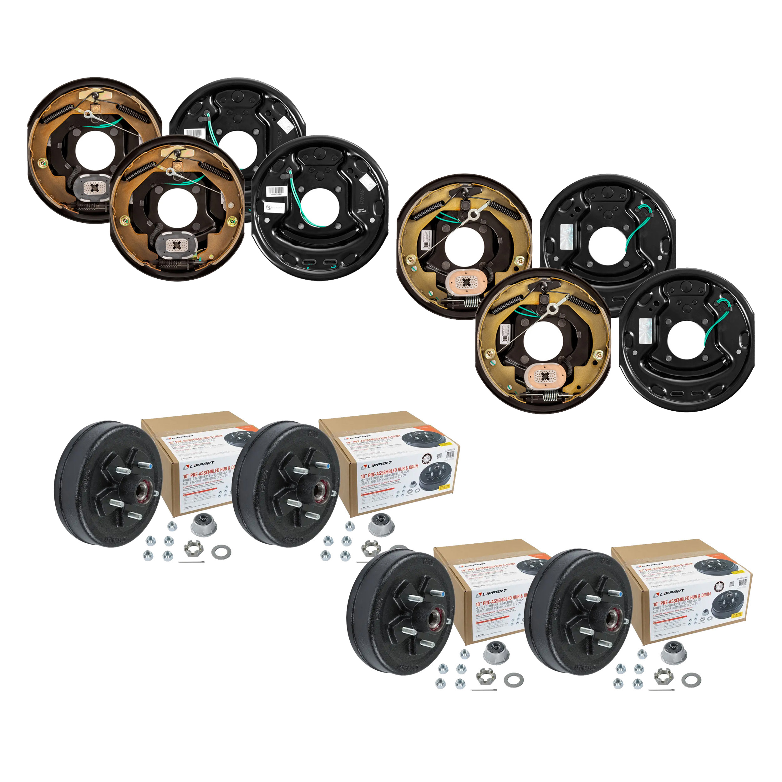 Lippert 10" 3,500 lb RV Brake Kit – 4 Complete Pre-Greased Hub Assemblies with Lug Nuts (1/2" Stud) with 2 Left & 2 Right Forward Self-Adjusting Brake thumbnail 0