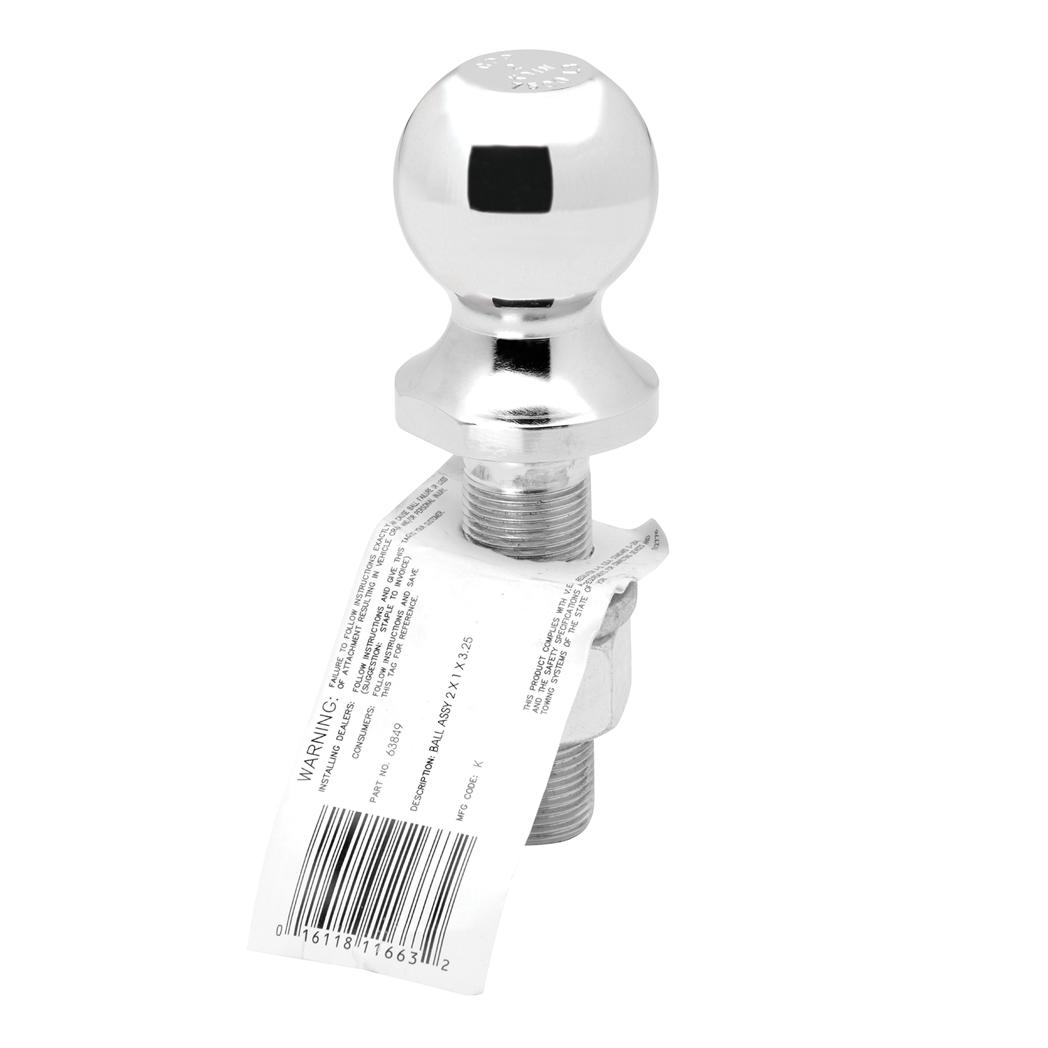 Draw-tite Trailer Hitch Ball, 2 in. Diameter, 7,500 lbs. Capacity, 1 in. Shank Dia, 3-1/4 in. Shank Length, Chrome thumbnail 0