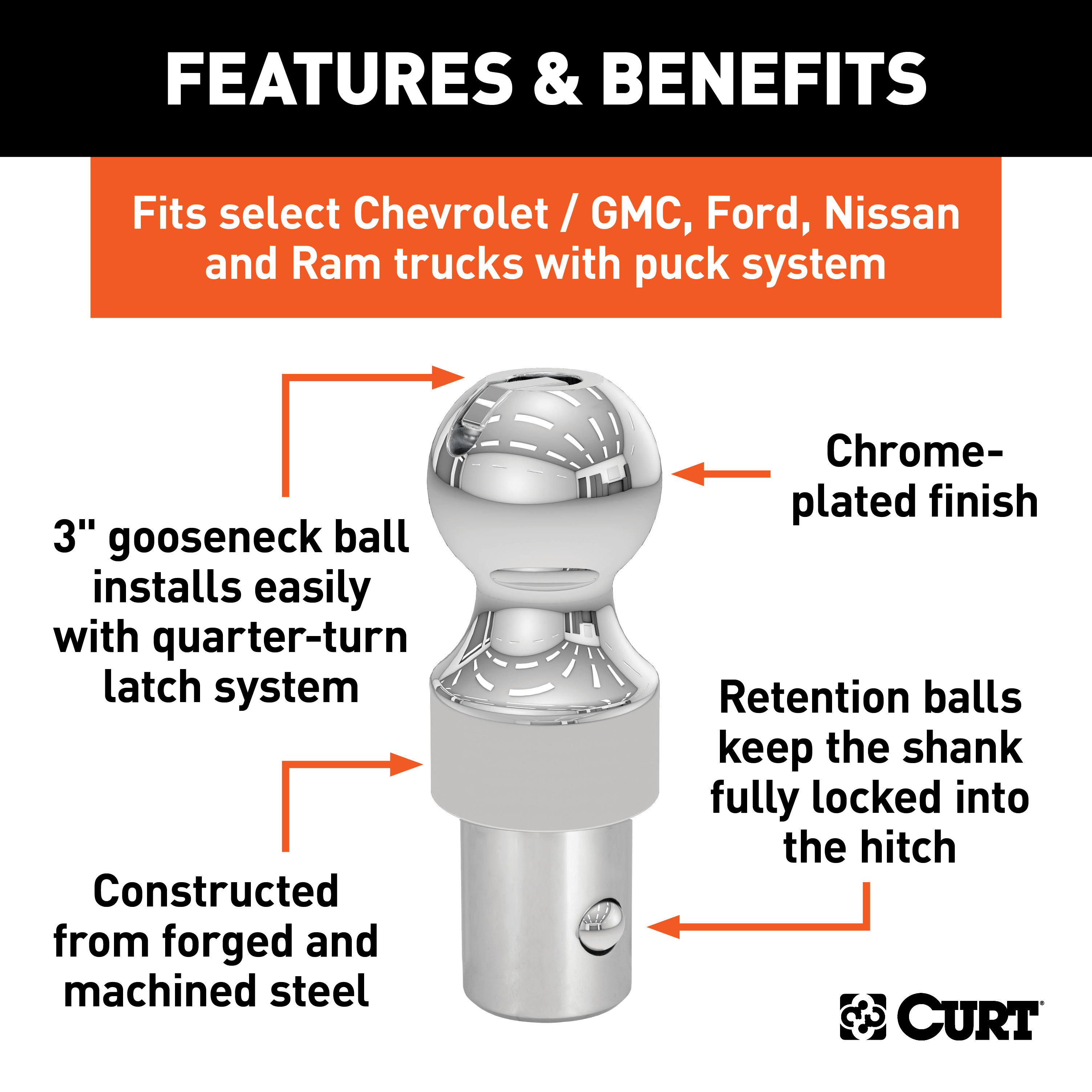 CURT OEM Puck System 3" Gooseneck Ball, Chevrolet, Ford, GMC, Nissan, Ram (38K) Gooseneck Trailer Hitch Ball thumbnail 1
