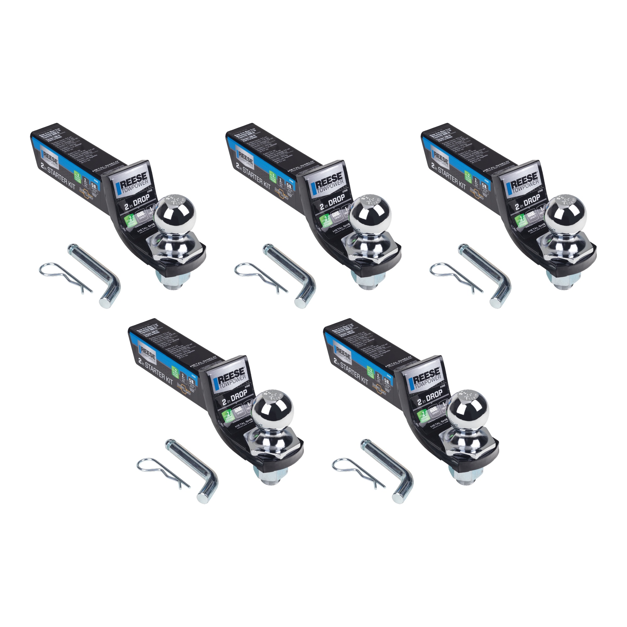 Reese Towpower (5-Pack) Interlock® Trailer Hitch Ball Mount Starter Kit, Fits 2 Inch Square Receiver, 2 Inch Drop, 6,000 lbs. Capacity, Includes 2 Inch Trailer Ball and Pin & Clip, Black thumbnail 0