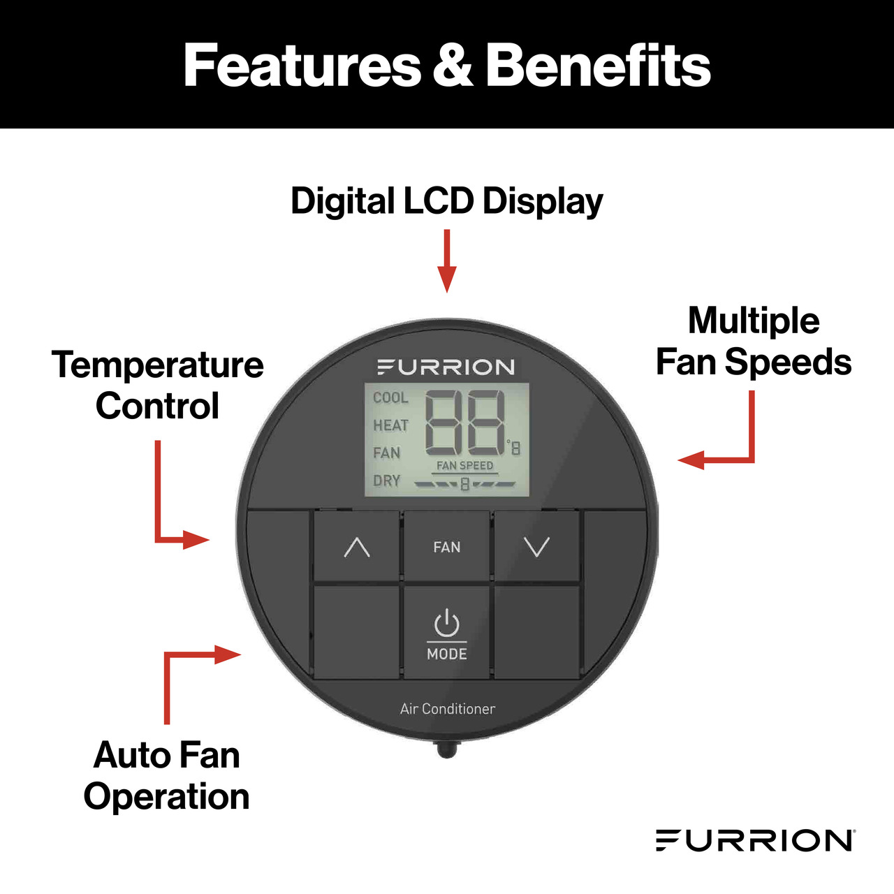 Furrion Chill Single-Zone Basic Backlit LED Wall Thermostat - Black, 2 Fan Speeds #FACW10ESSA-BL thumbnail 2