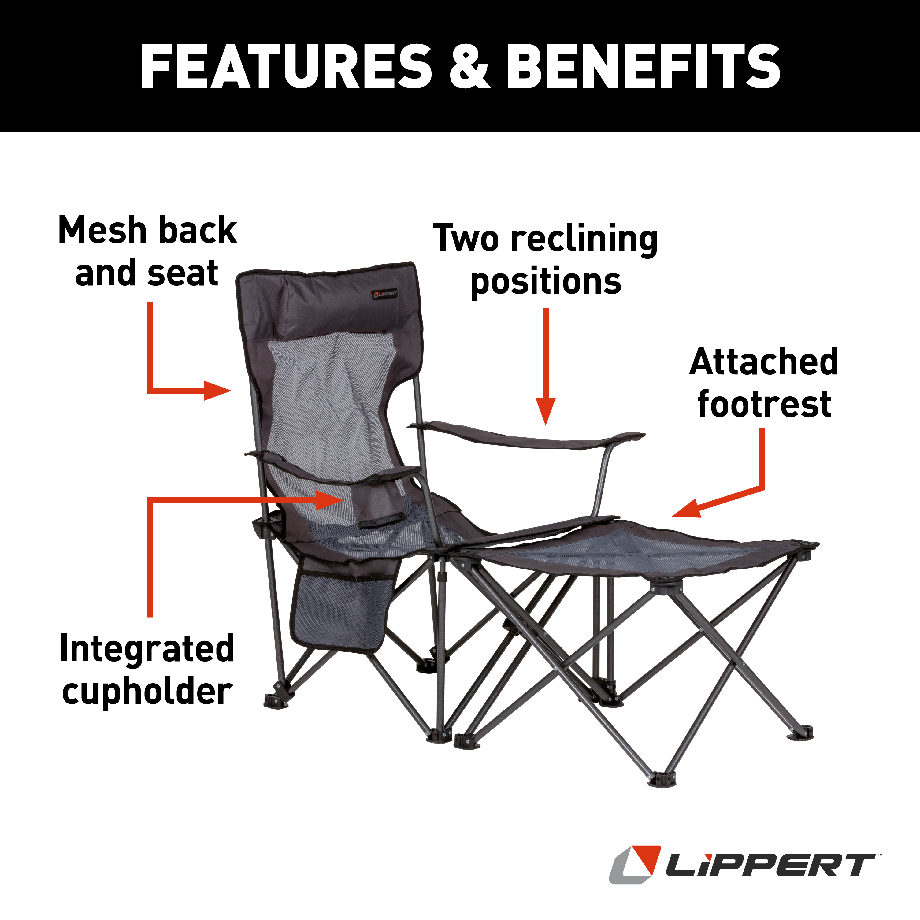 Lippert Sun Soaker Vented Reclining Camping Chair with Footrest - Dark Grey thumbnail 1