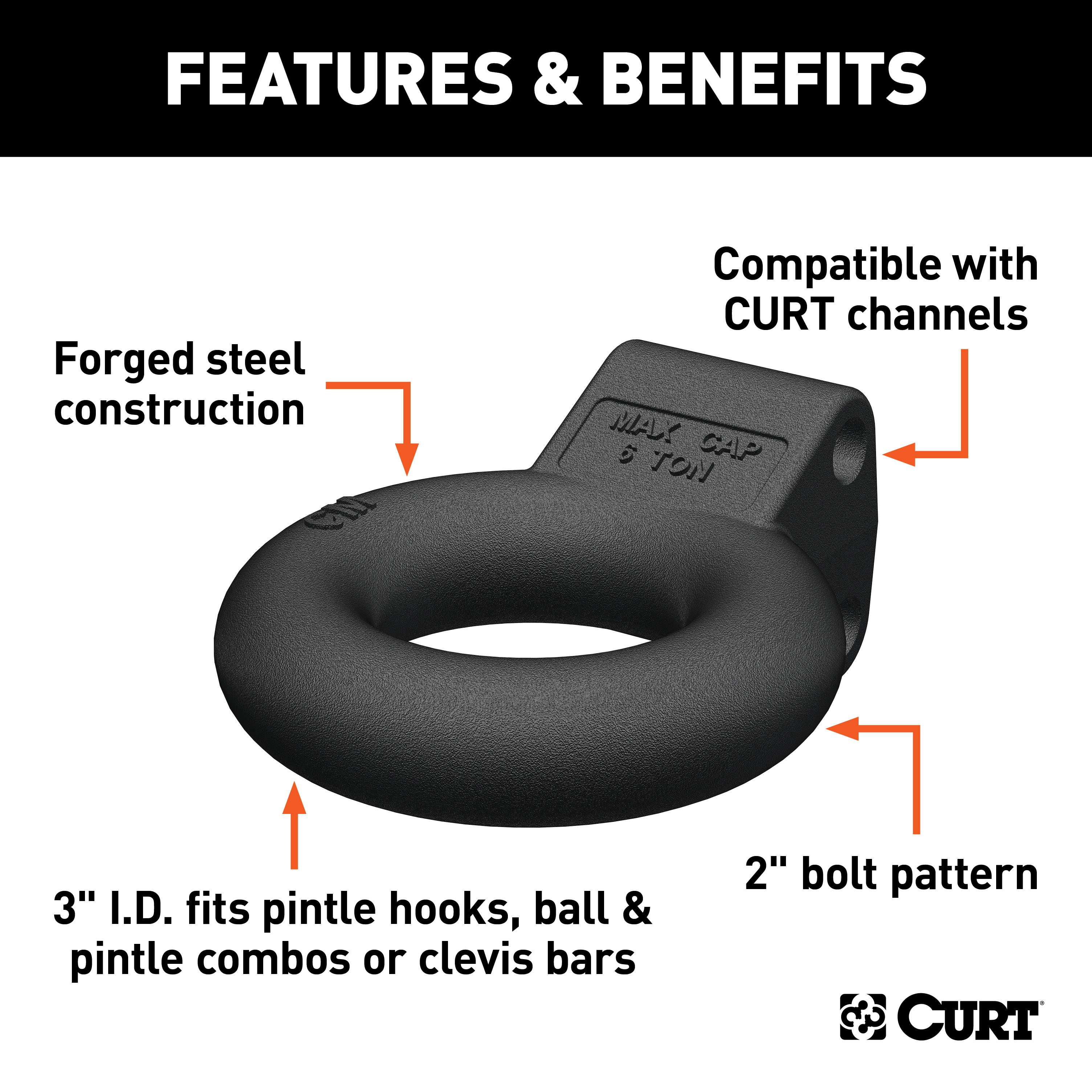 CURT Channel-Style Lunette Ring (12,000 lbs., 3" I.D., Black) Tow Bar thumbnail 1