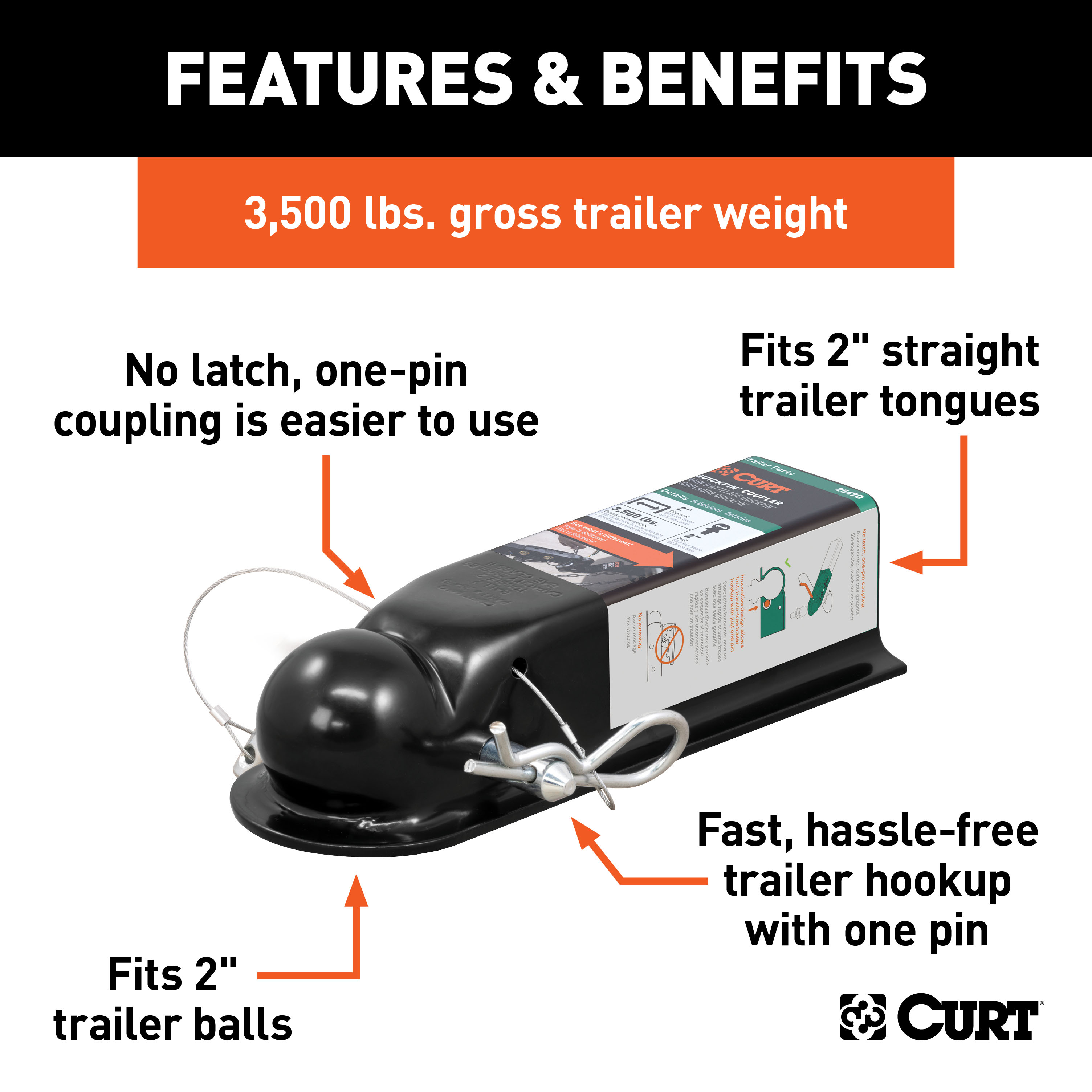 CURT 2,500 lbs QuickPin No-Latch 2" Trailer Coupler (2" Channel) Trailer Hitch Coupler thumbnail 1