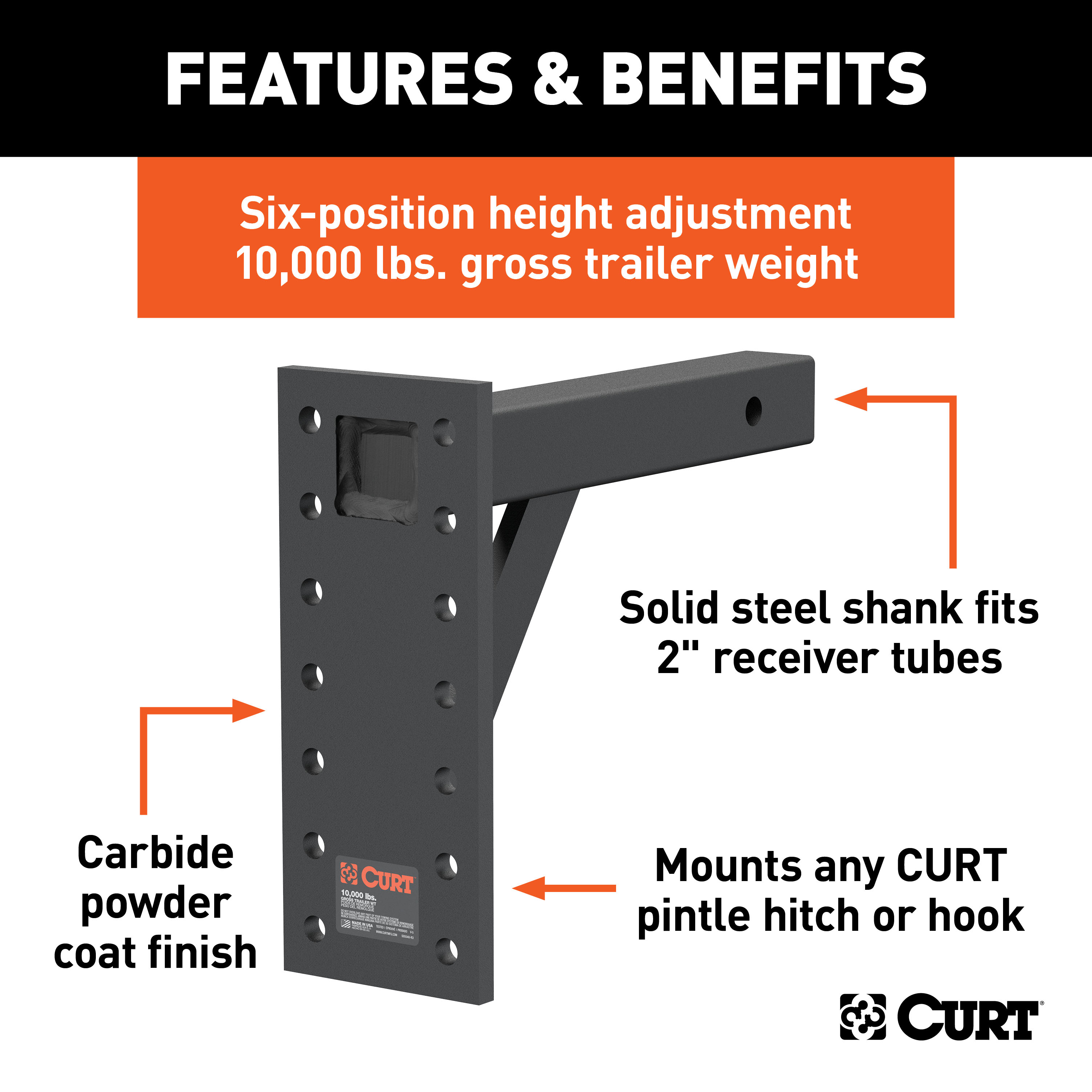 CURT Adjustable Pintle Mount (2" Shank, 10,000 lbs., 13" High, 12" Long) Trailer Hitch Pintle Hook Mount thumbnail 1