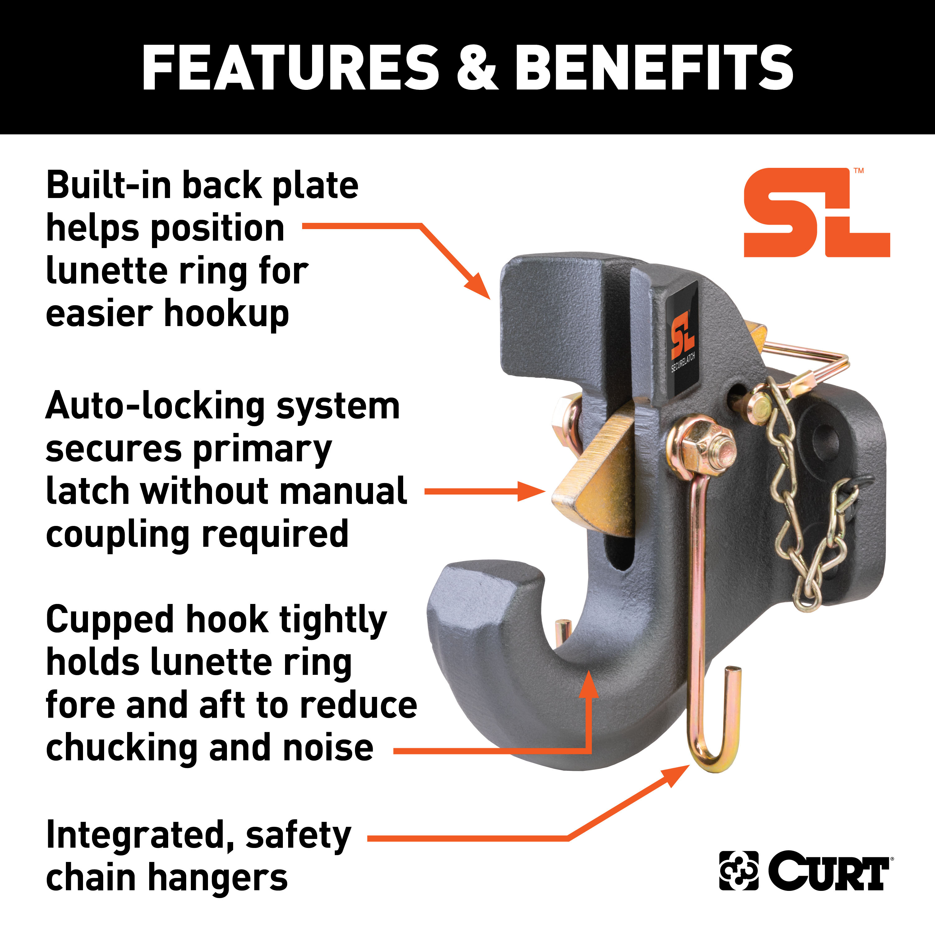 CURT SecureLatch Pintle Hook (30,000 lbs, 2-1/2" or 3" Lunette) Trailer Hitch Pintle Hook Mount thumbnail 1