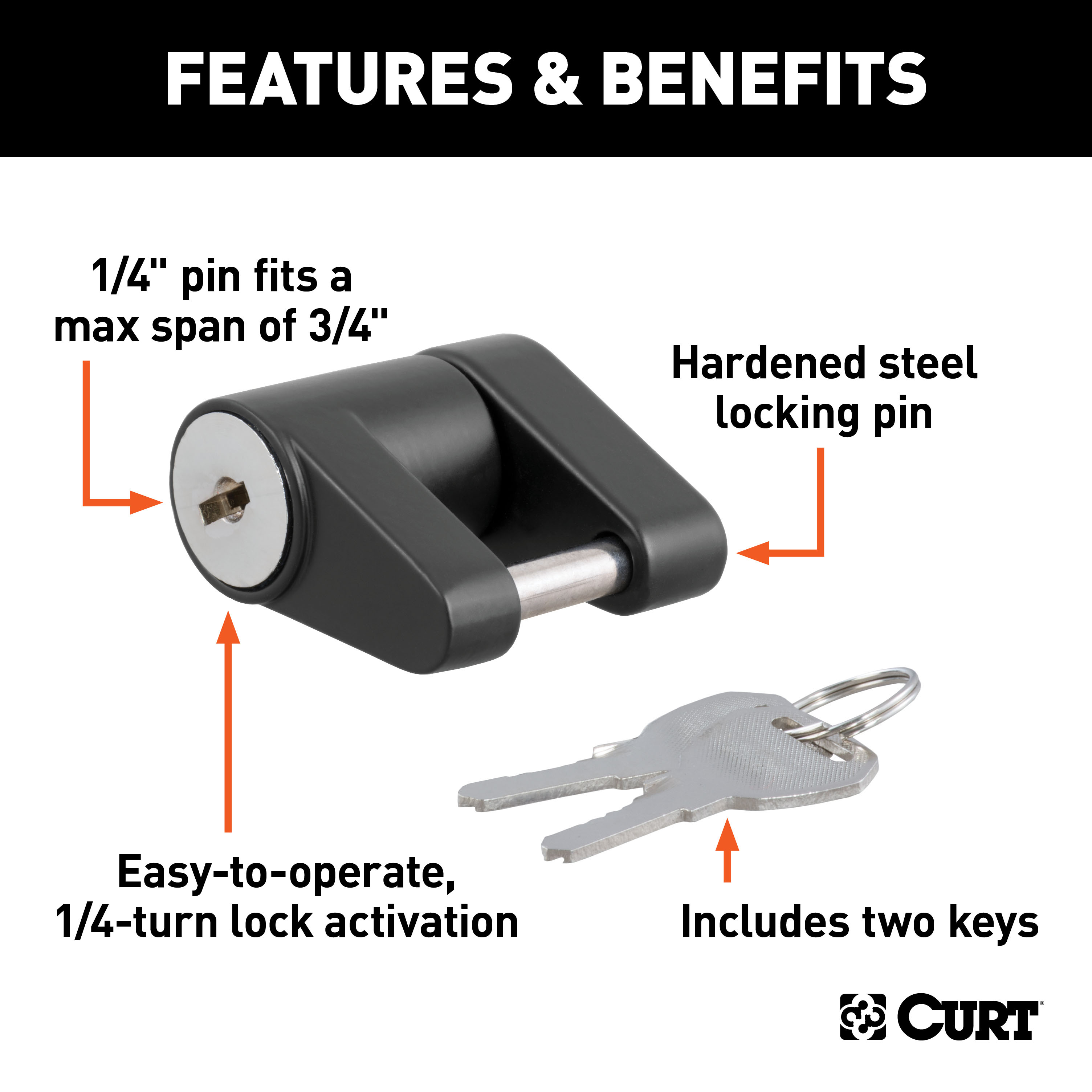 CURT Coupler Lock (1/4" Pin, 3/4" Latch Span, Padlock, Black) Trailer Hitch Lock thumbnail 1