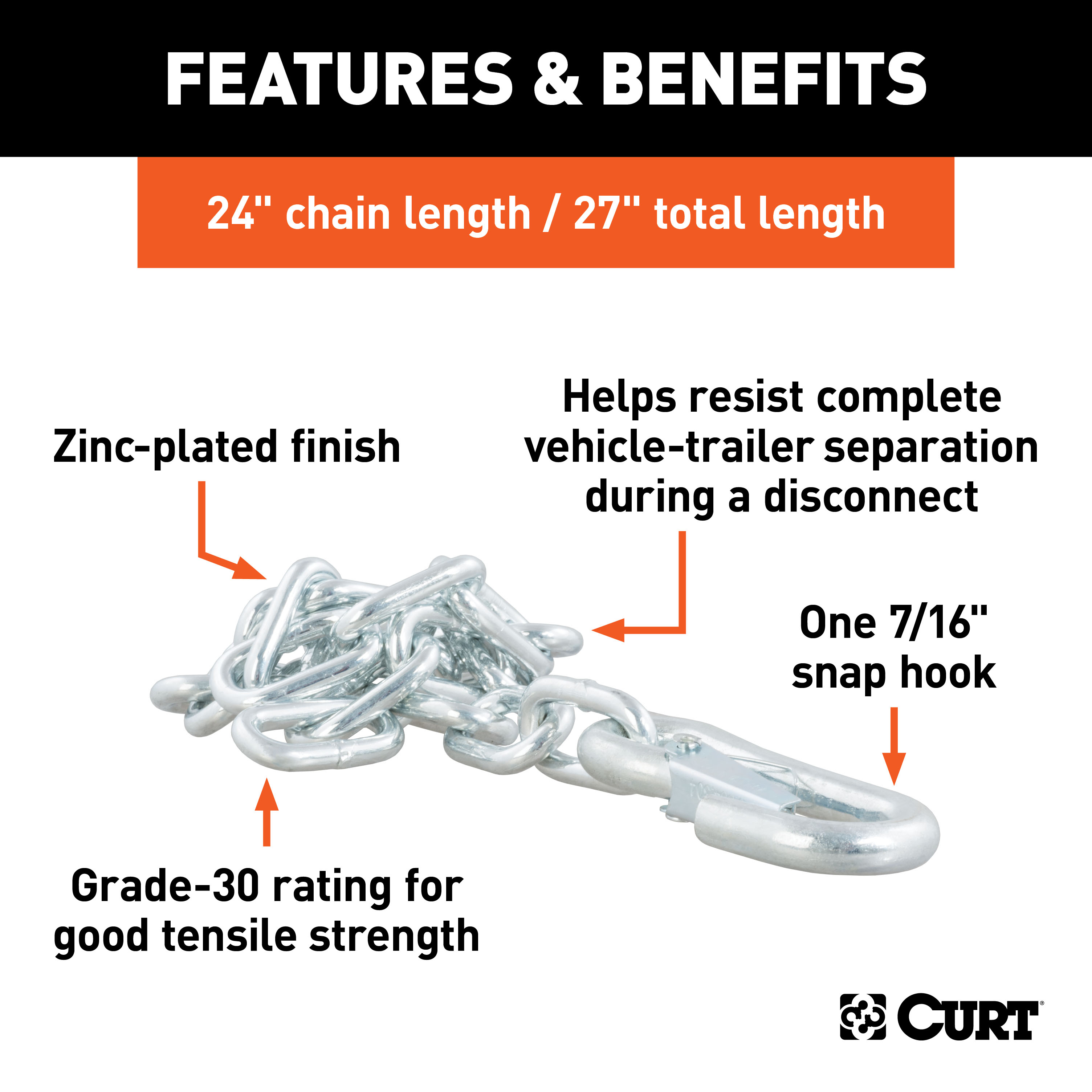 CURT 27" Safety Chain with 1 Snap Hook (5,000 lbs, Clear Zinc) Trailer Hitch thumbnail 3