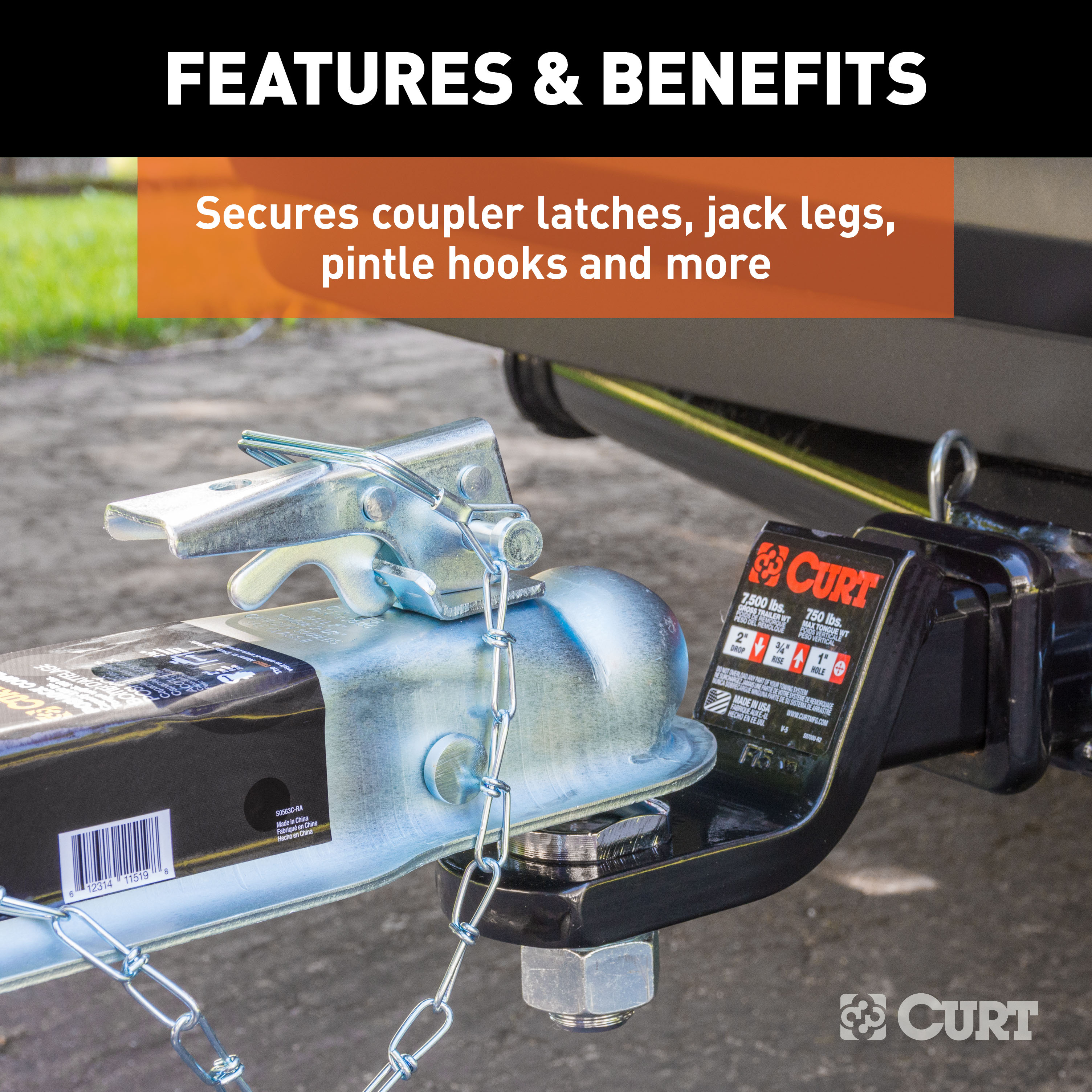 CURT 3/8" Safety Pin with 12" Chain (2-3/4" Pin Length, Packaged) Trailer Hitch Lock thumbnail 2