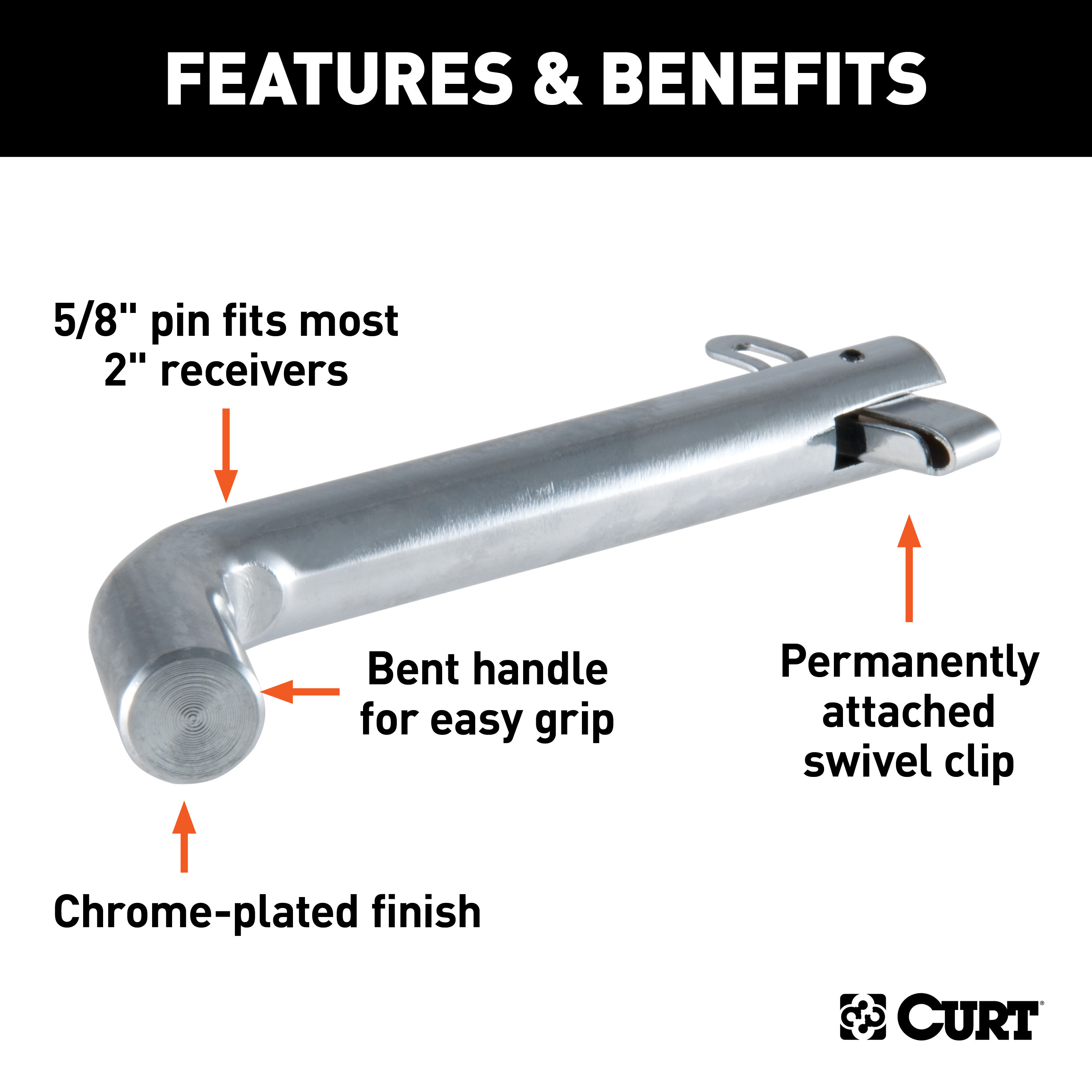 CURT 5/8" Swivel Hitch Pin (2" Receiver, Chrome, Packaged) Trailer Hitch Pin thumbnail 1