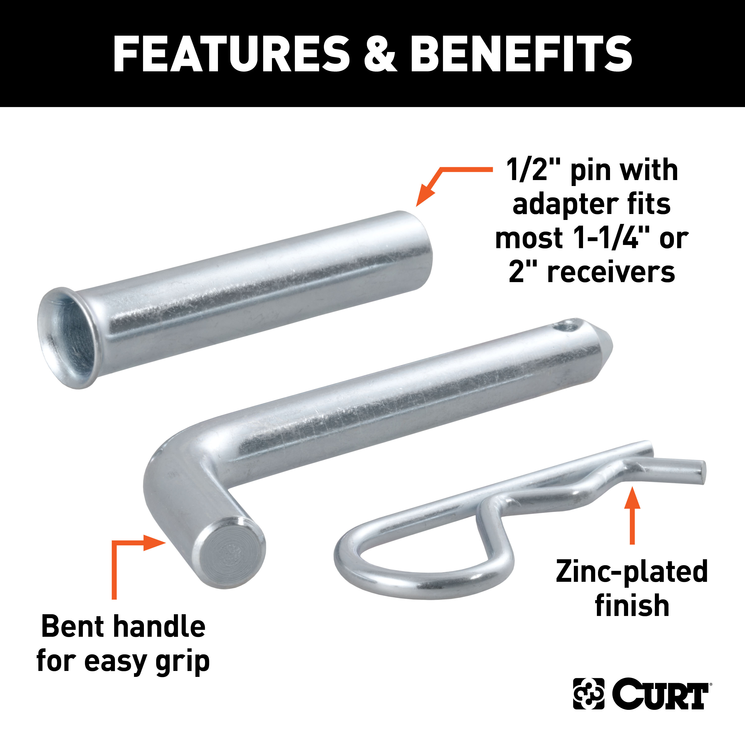 CURT 1/2" Hitch Pin with 5/8" Adapter (1-1/4" or 2" Receiver, Zinc, Packaged) Trailer Hitch Pin thumbnail 1
