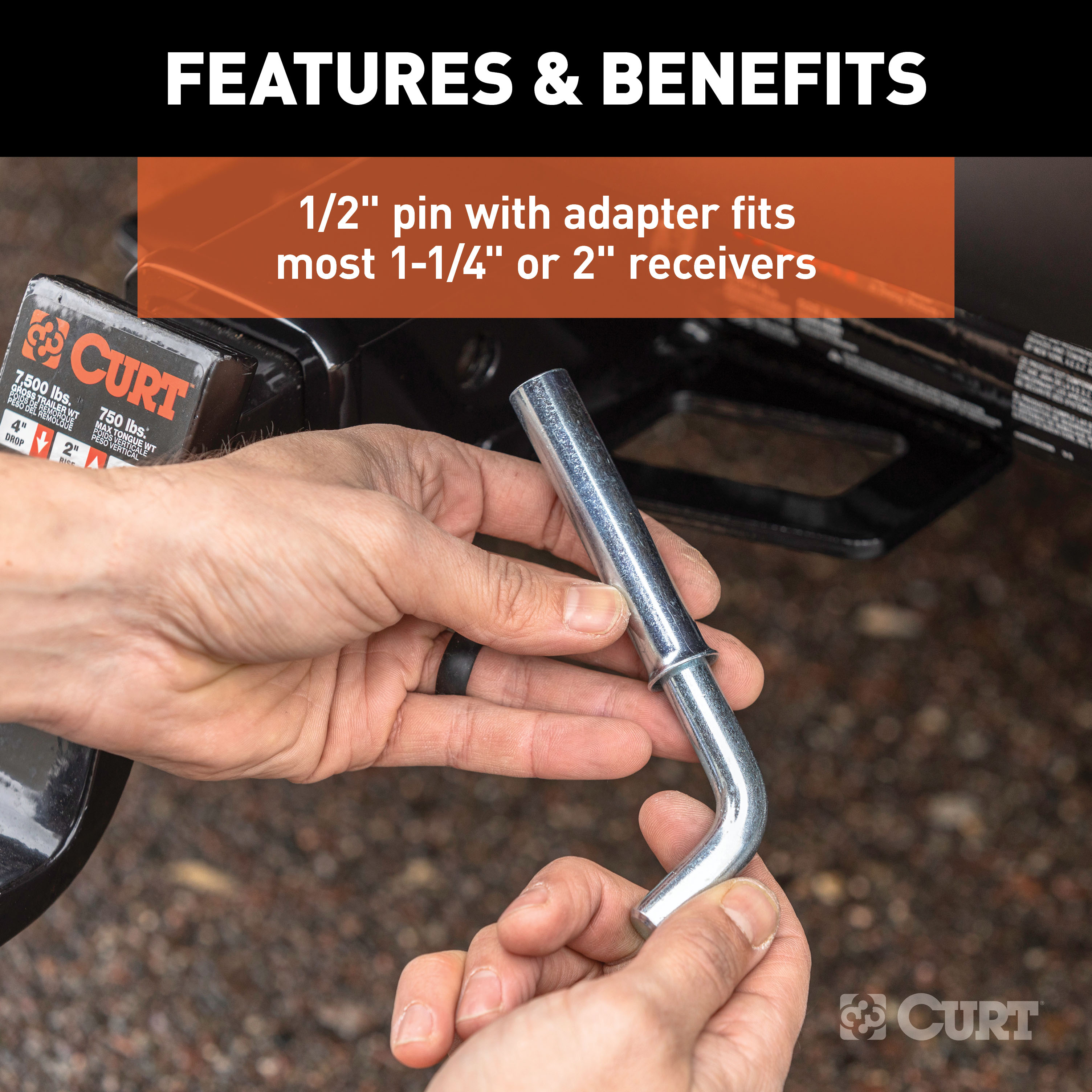 CURT 1/2" Hitch Pin with 5/8" Adapter (1-1/4" or 2" Receiver, Zinc, Packaged) Trailer Hitch Pin thumbnail 3