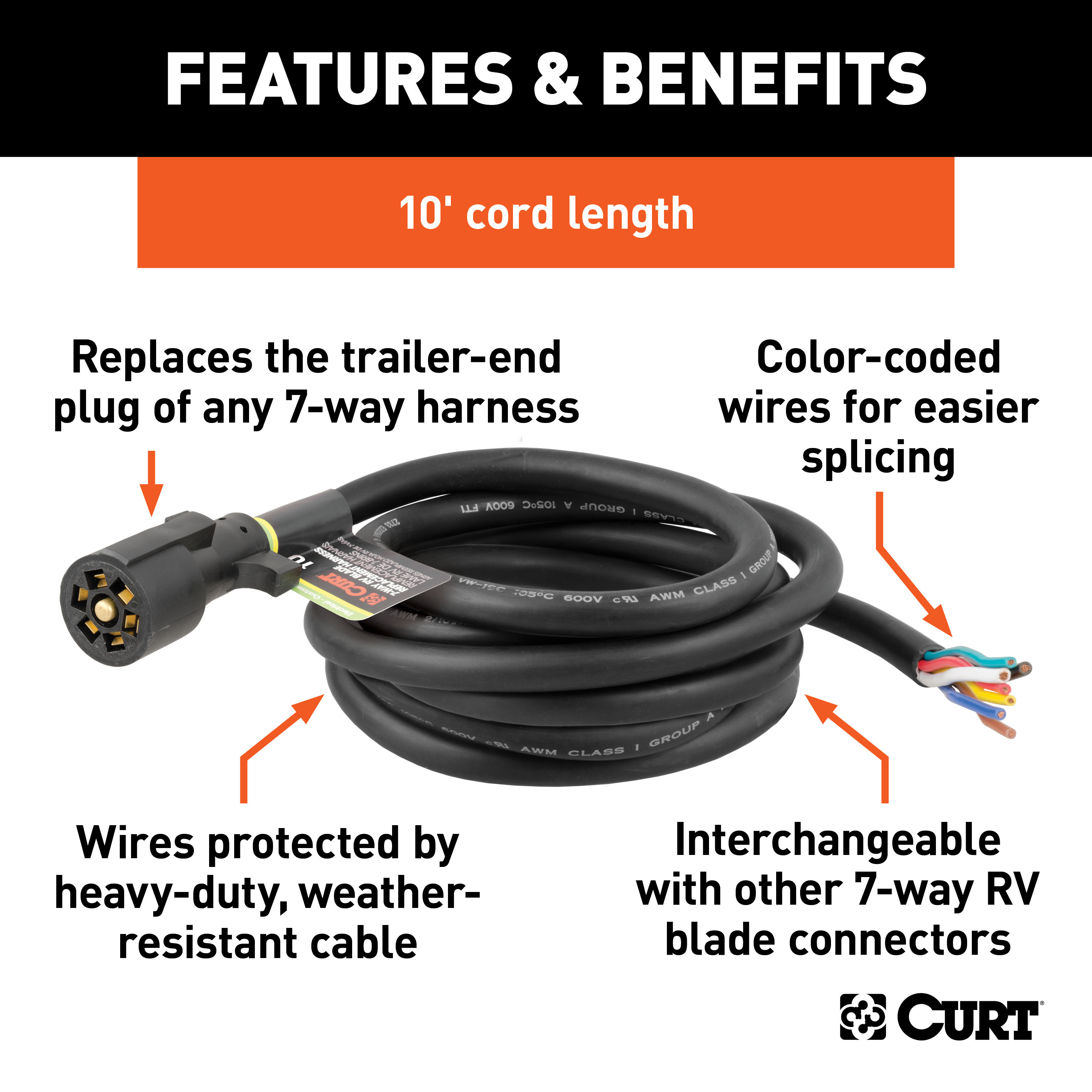 CURT Replacement 7-Way RV Blade with 10' Wires (Trailer Side) Trailer Connector Kit thumbnail 1