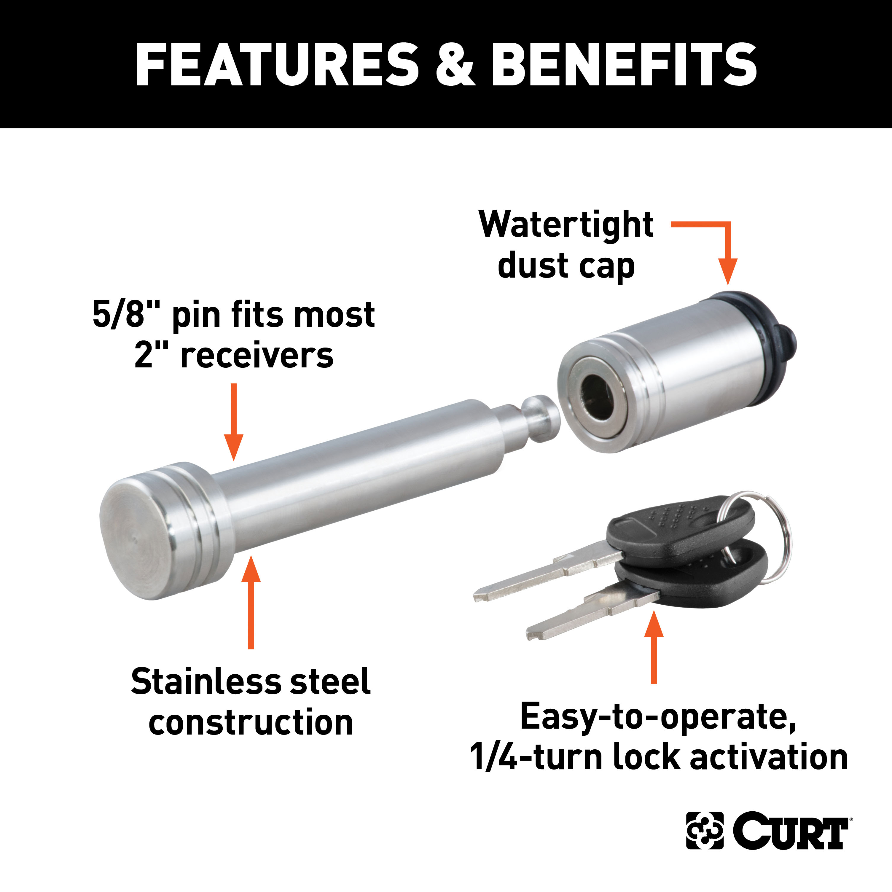 CURT 5/8" Hitch Lock (2" Receiver, Barbell, Stainless) Trailer Hitch Lock thumbnail 1
