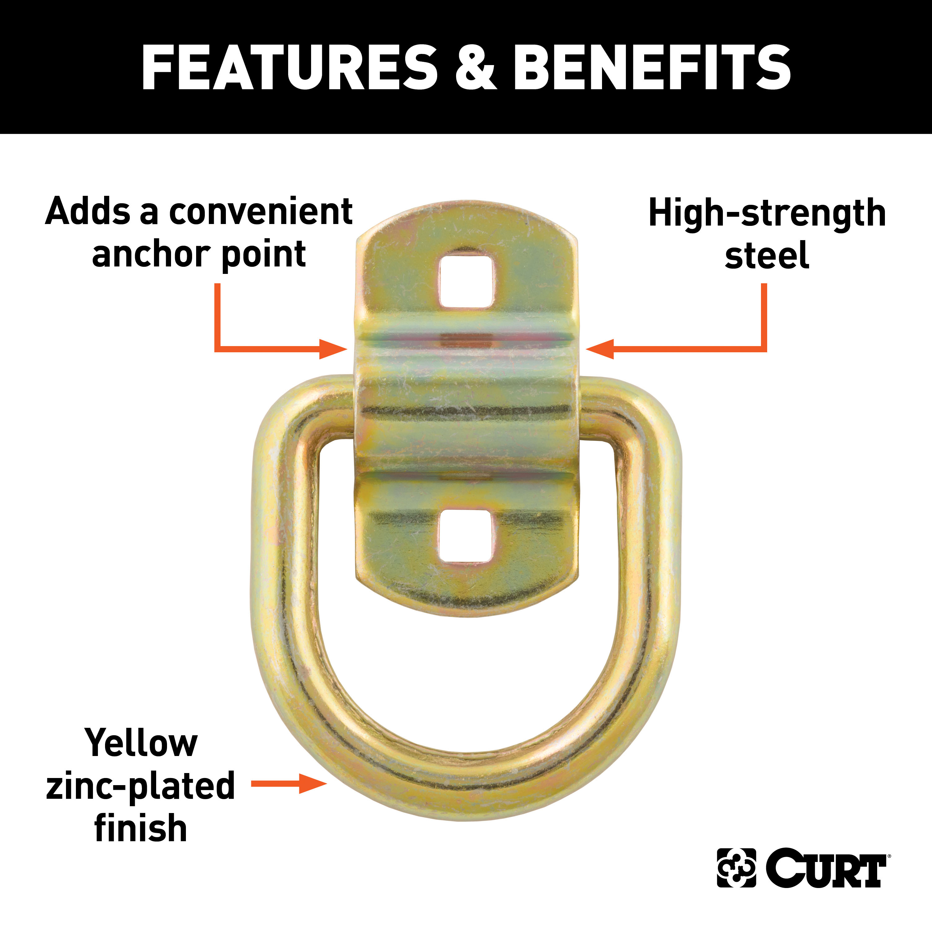 CURT 3" x 3" Surface-Mounted Tie-Down D-Ring (3,600 lbs, Yellow Zinc) Tow Ring thumbnail 3