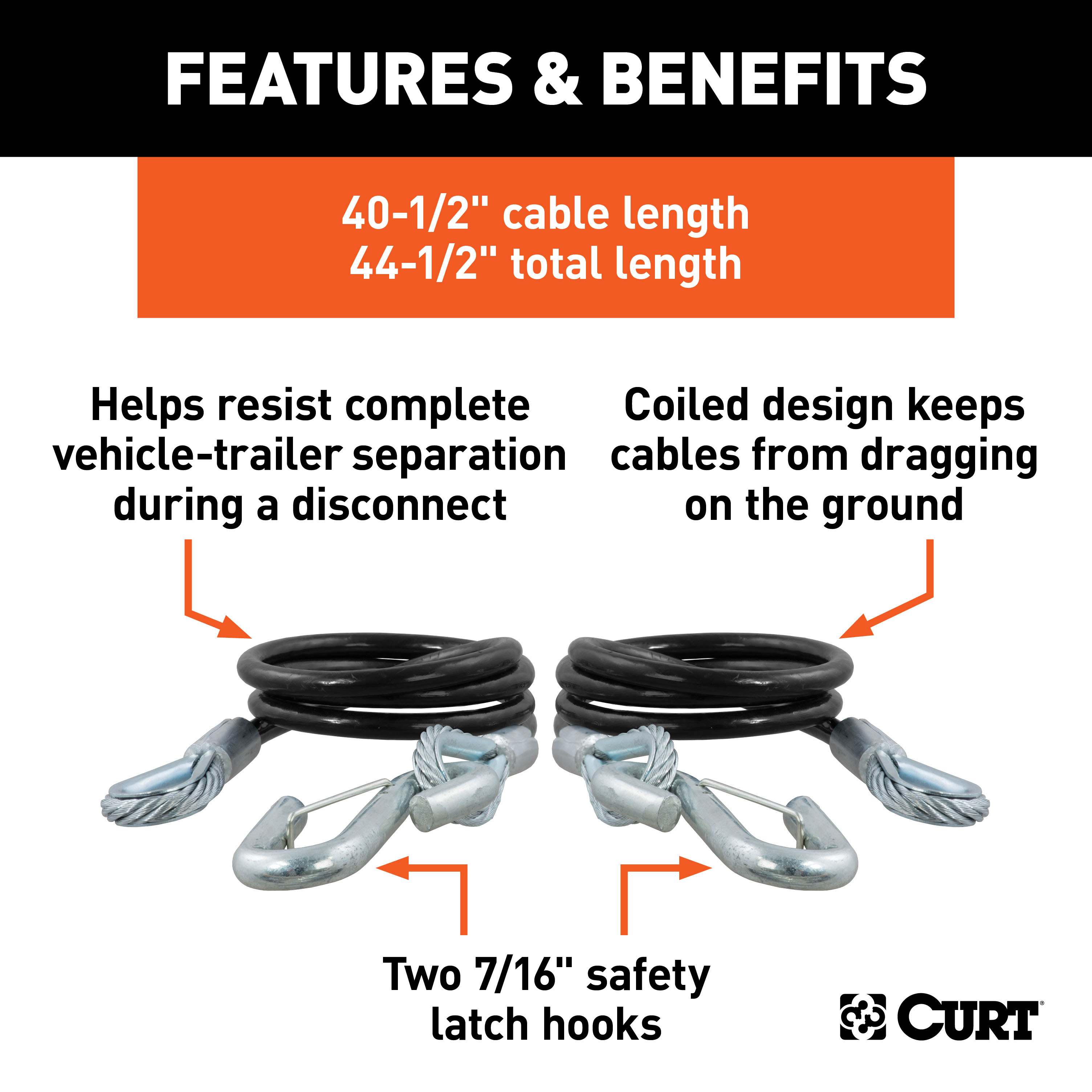 CURT 44-1/2" Safety Cables with 2 Snap Hooks (5,000 lbs, Vinyl-Coated, 2-Pack) Trailer Hitch thumbnail 1