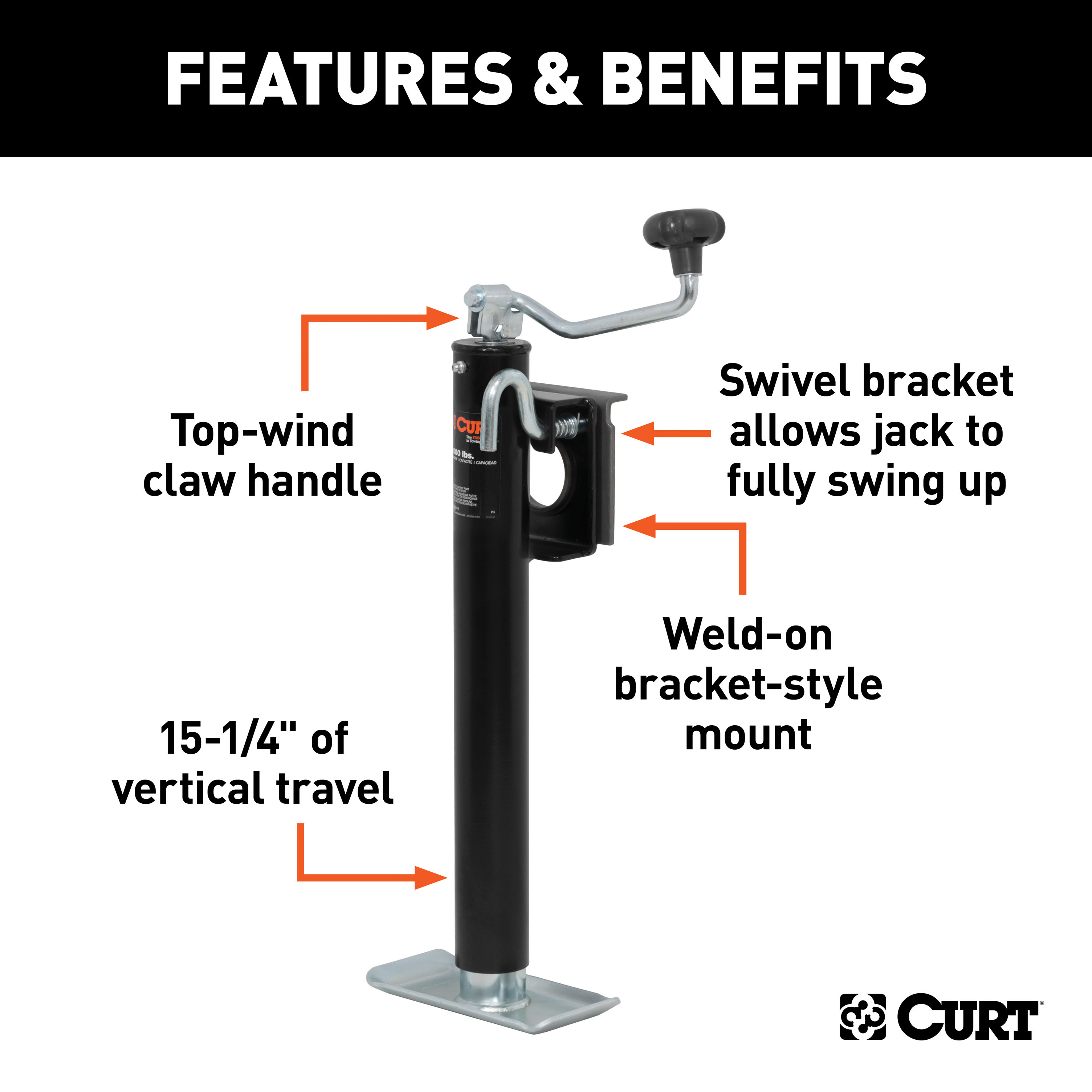 CURT Bracket-Mount Swivel Jack with Top Handle (2,000 lbs, 15" Travel) Trailer Jack thumbnail 1