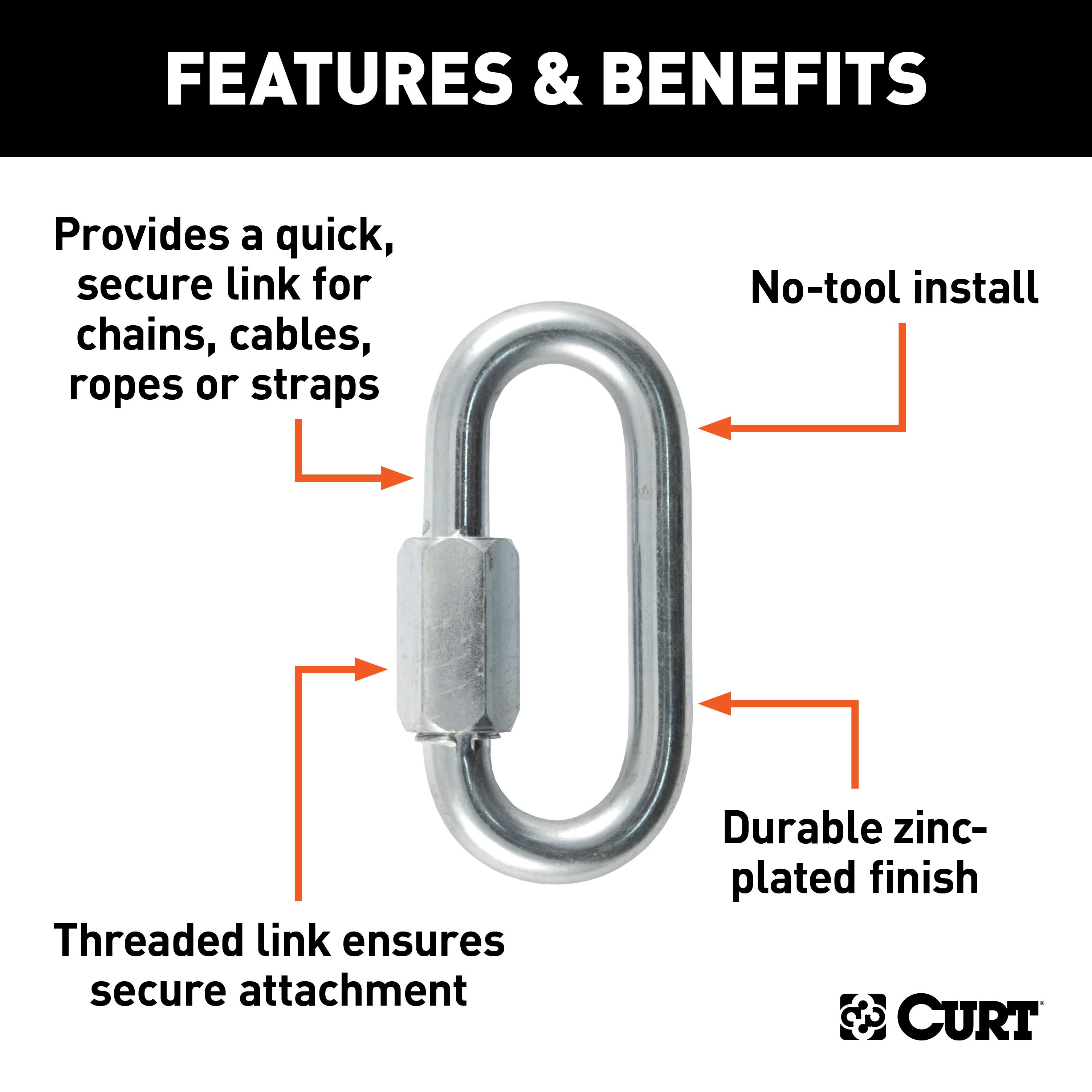 CURT 82933 Threaded Quick Link Trailer Safety Chain Hook Carabiner Clip, 3/8-Inch Diameter, 11,000 lbs Break Strength thumbnail 2