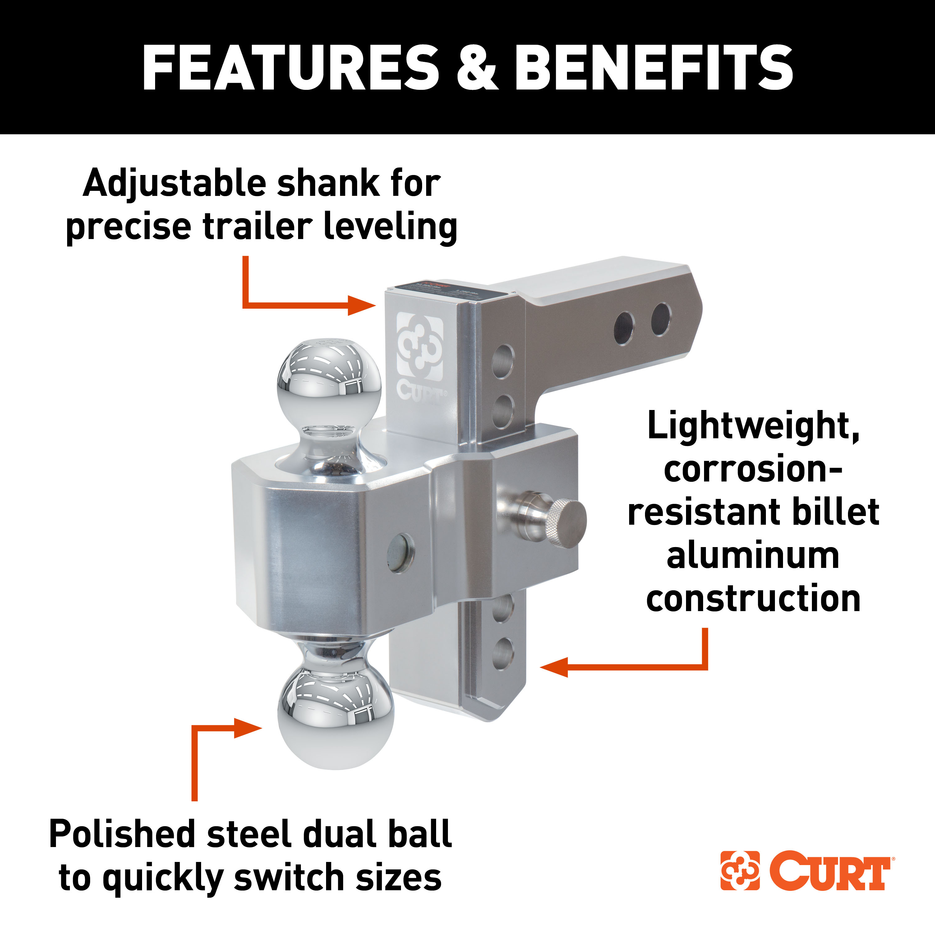 CURT AlumaLite Adjustable Aluminum Hitch with Dual Ball, 5-1/2" Drop thumbnail 1
