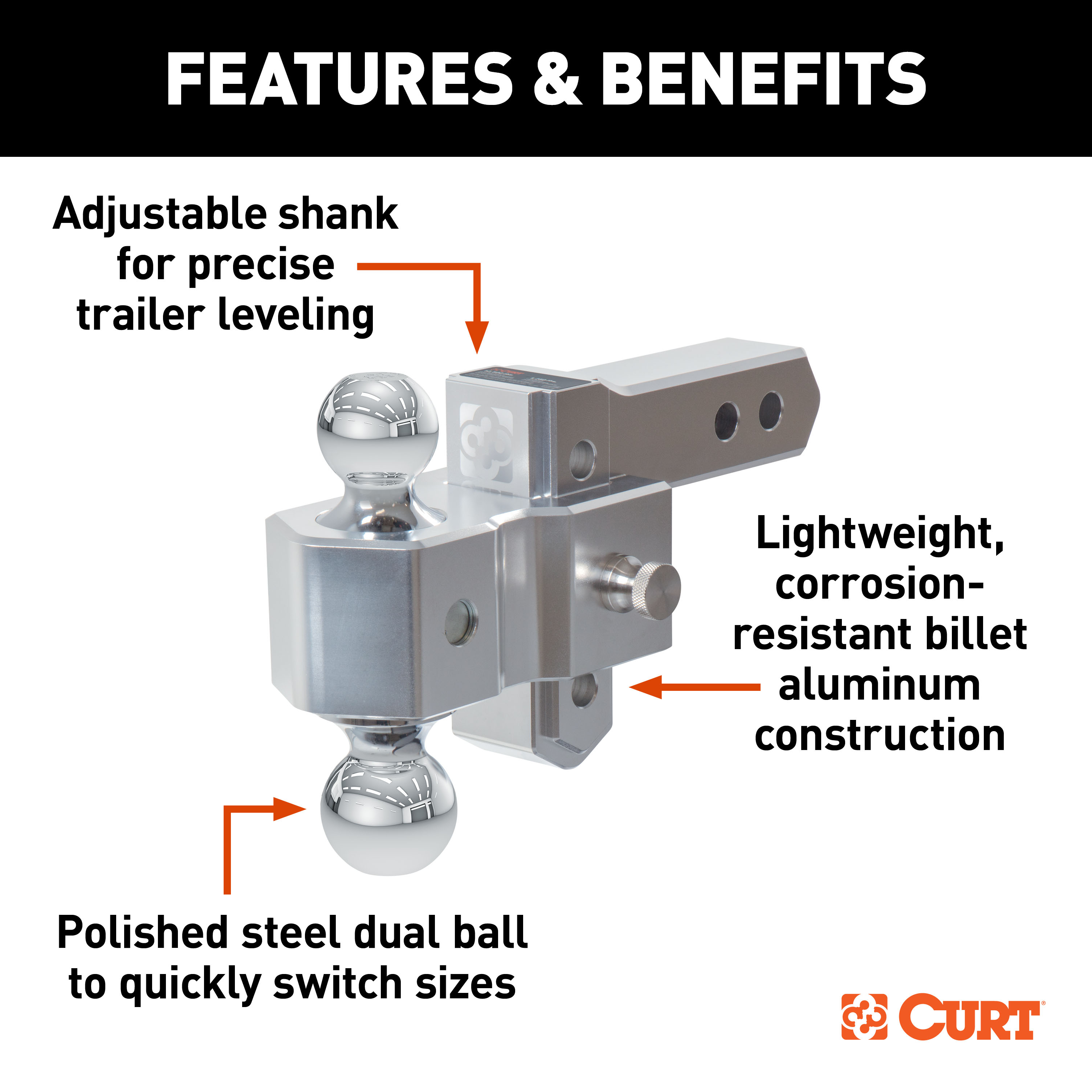 CURT AlumaLite Adjustable Aluminum Hitch with Dual Ball, 3-1/2" Drop thumbnail 1