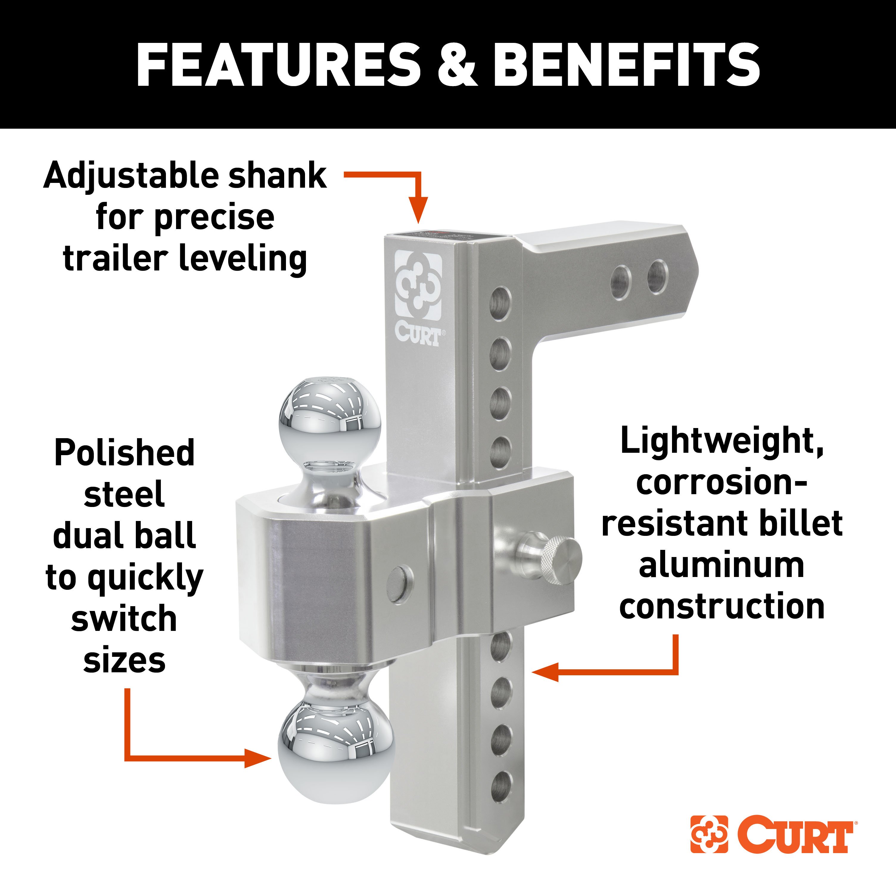 CURT AlumaLite Adjustable Aluminum Hitch with Dual Ball, 9-1/2" Drop thumbnail 1