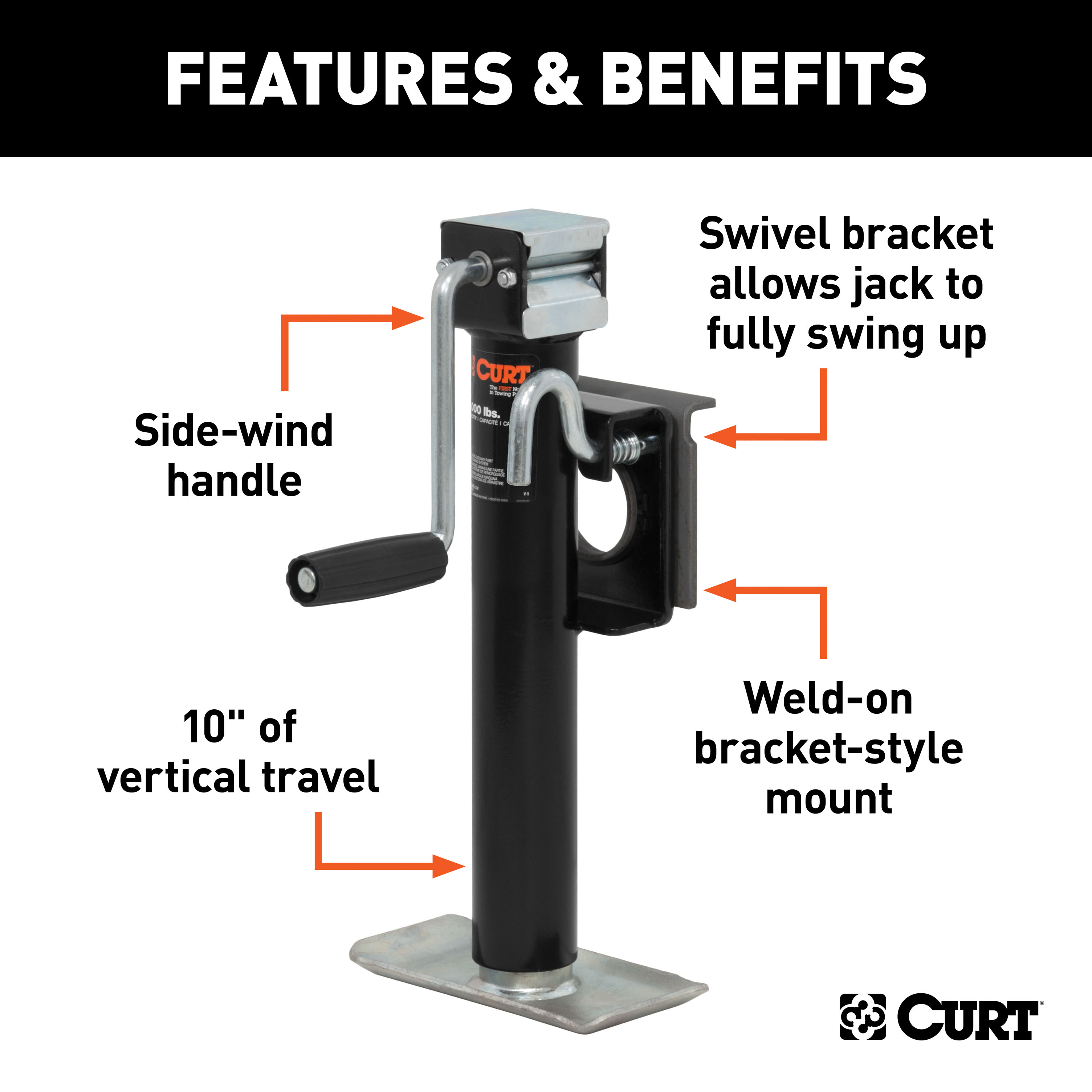 CURT Bracket-Mount Swivel Jack with Side Handle (2,000 lbs, 10" Travel) Trailer Jack thumbnail 1