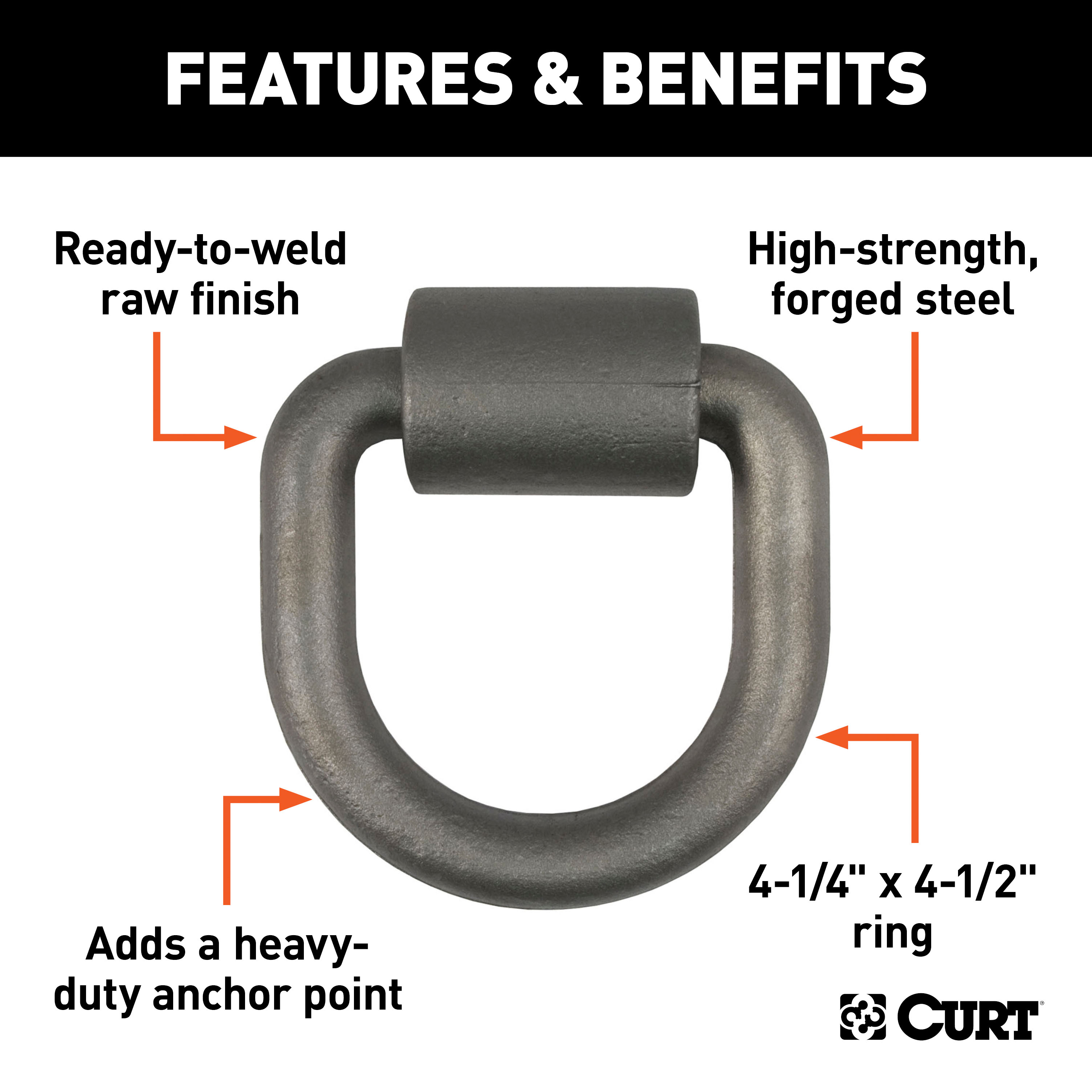 CURT 3" x 3" Weld-On Tie-Down D-Ring (8,833 lbs, Raw Steel) Tow Ring thumbnail 1