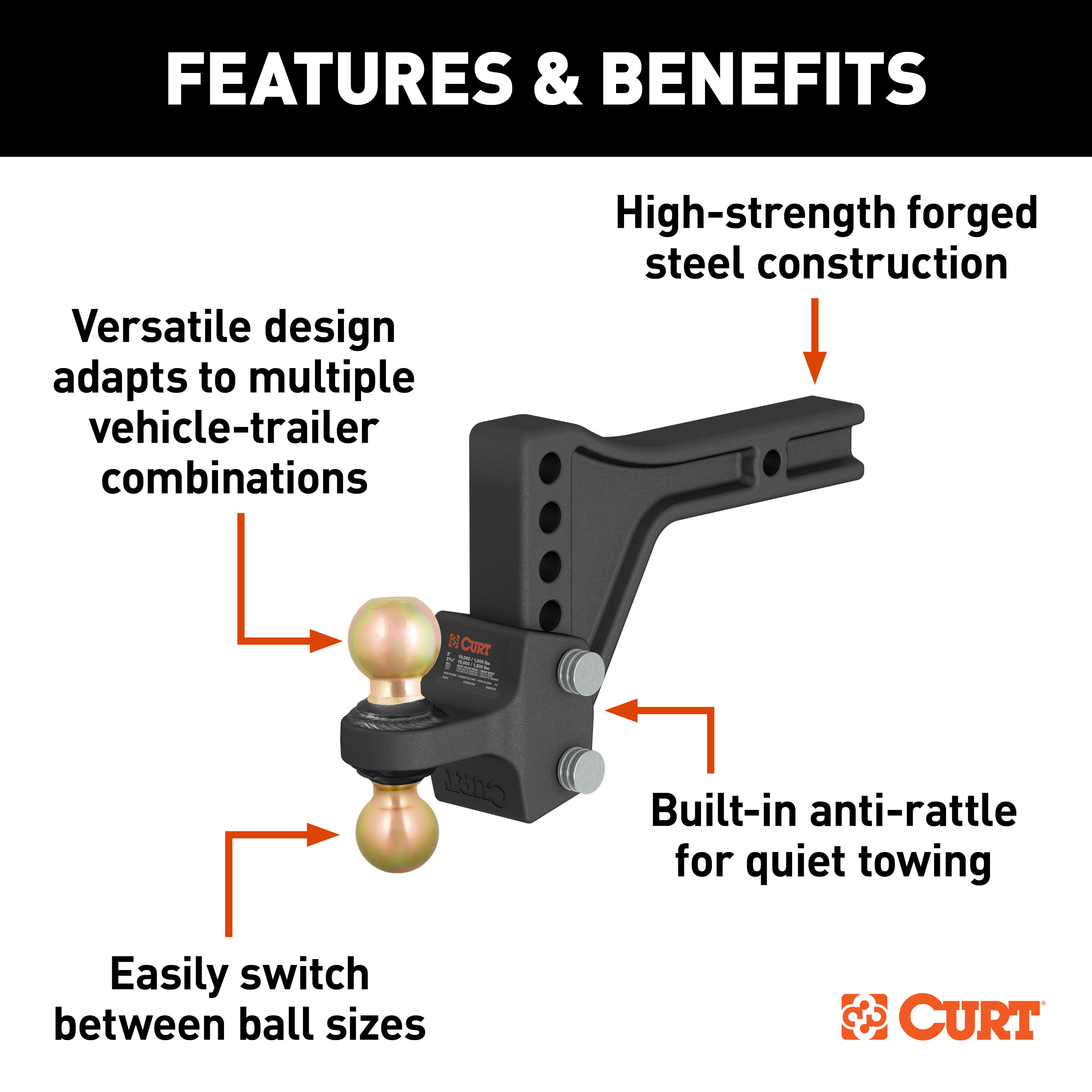 CURT HD Adjustable Trailer Hitch Ball Mount with Dual Ball, 2-1/2" Shank, 20K Trailer Hitch Ball Mount thumbnail 1