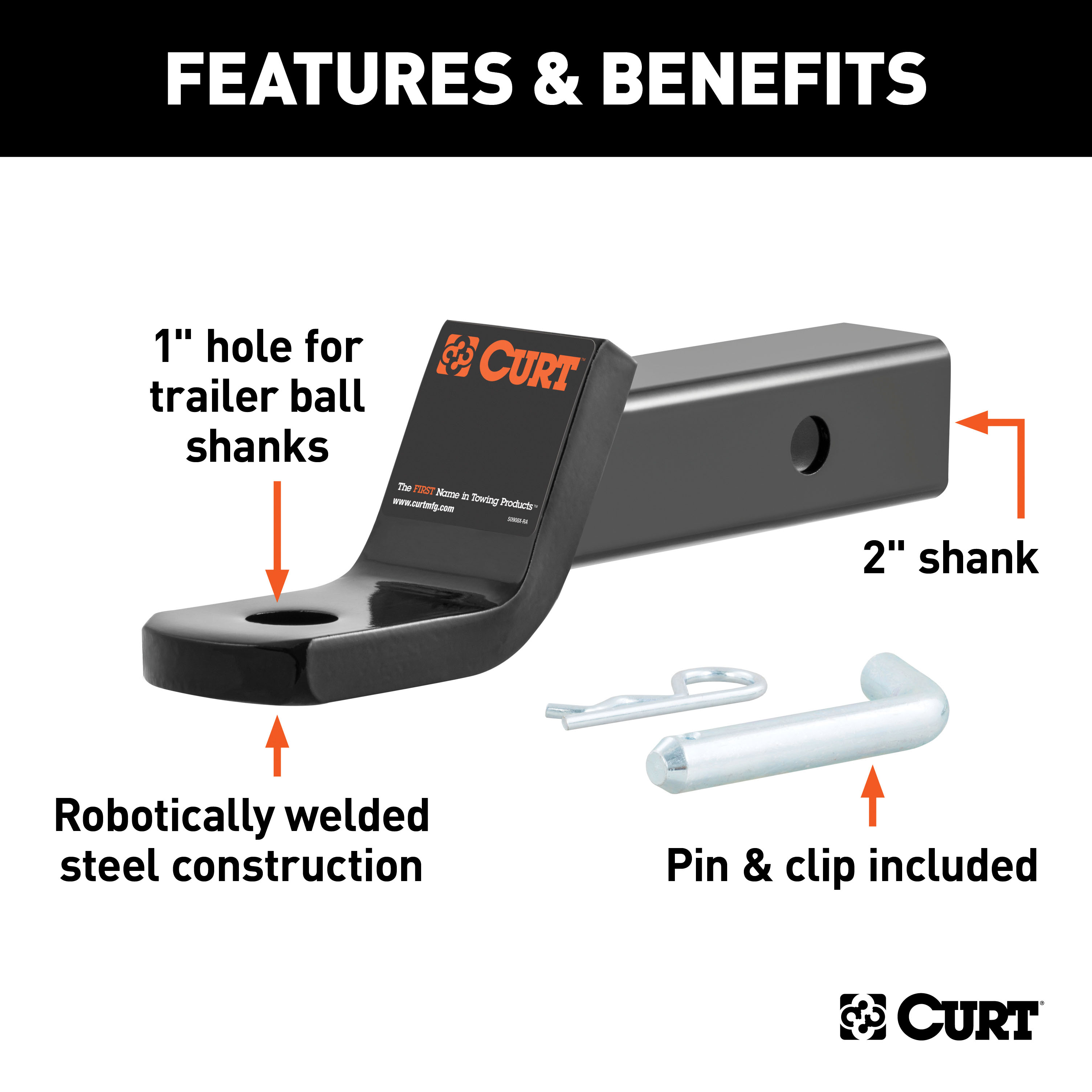 CURT Class 3 Ball Mount with Pin (2" Shank, 7,500 lbss., 2" Drop, 7-1/2" Long, in Box) Trailer Hitch Ball Mount thumbnail 3