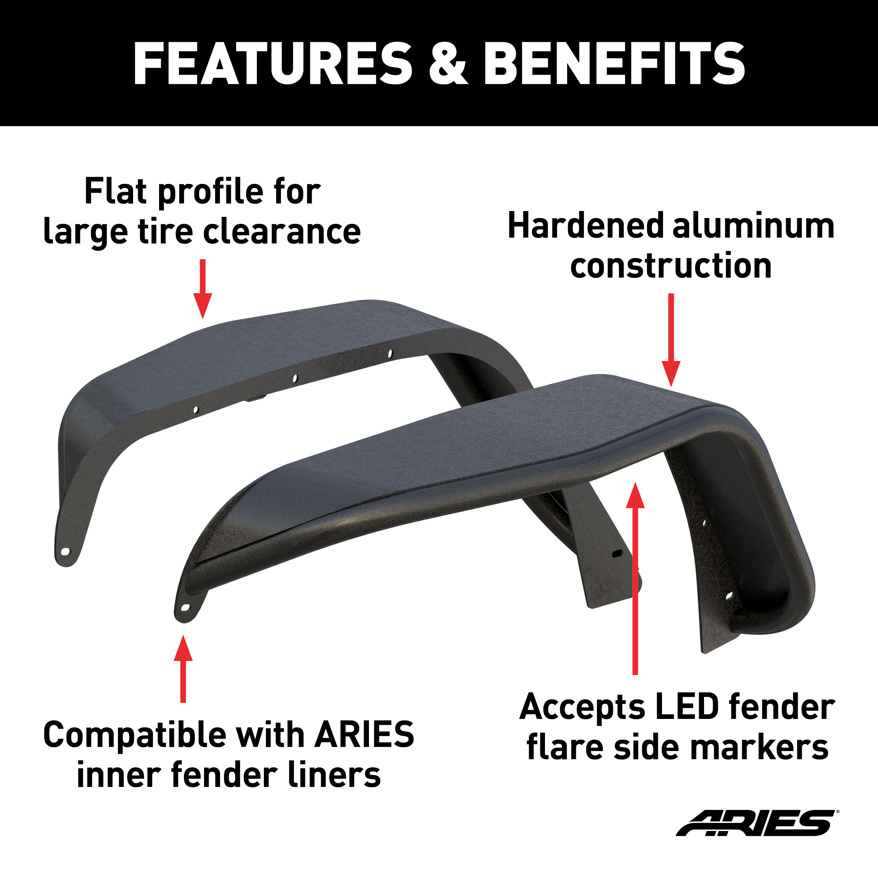 ARIES Jeep Wrangler JK Black Aluminum Front Fender Flares Fender Flare thumbnail 1