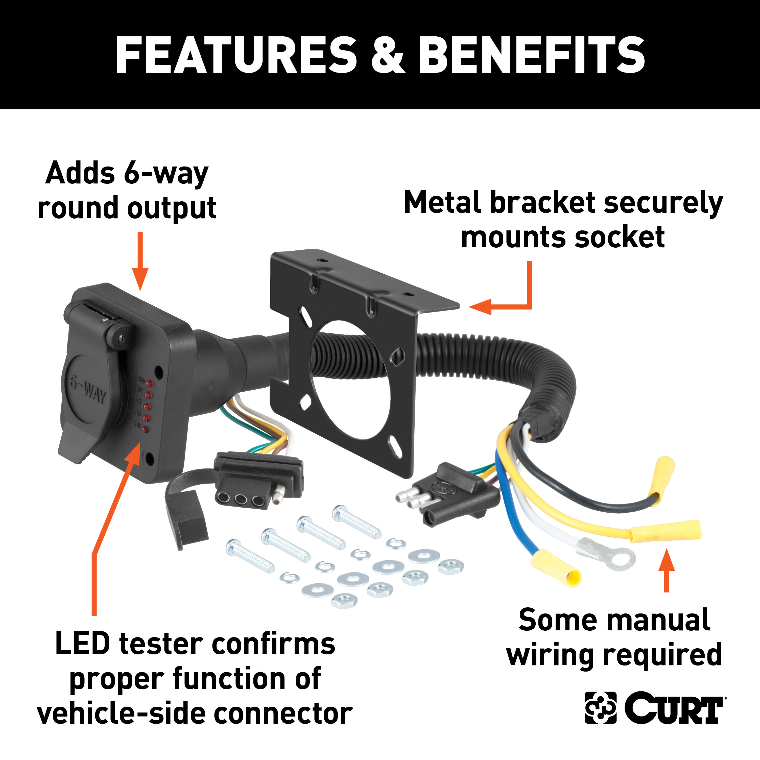 CURT Dual-Output Electrical Adapter with Tester (Adds 6-Way Round to 4-Way Flat) Trailer Wiring Adapter Connector thumbnail 1