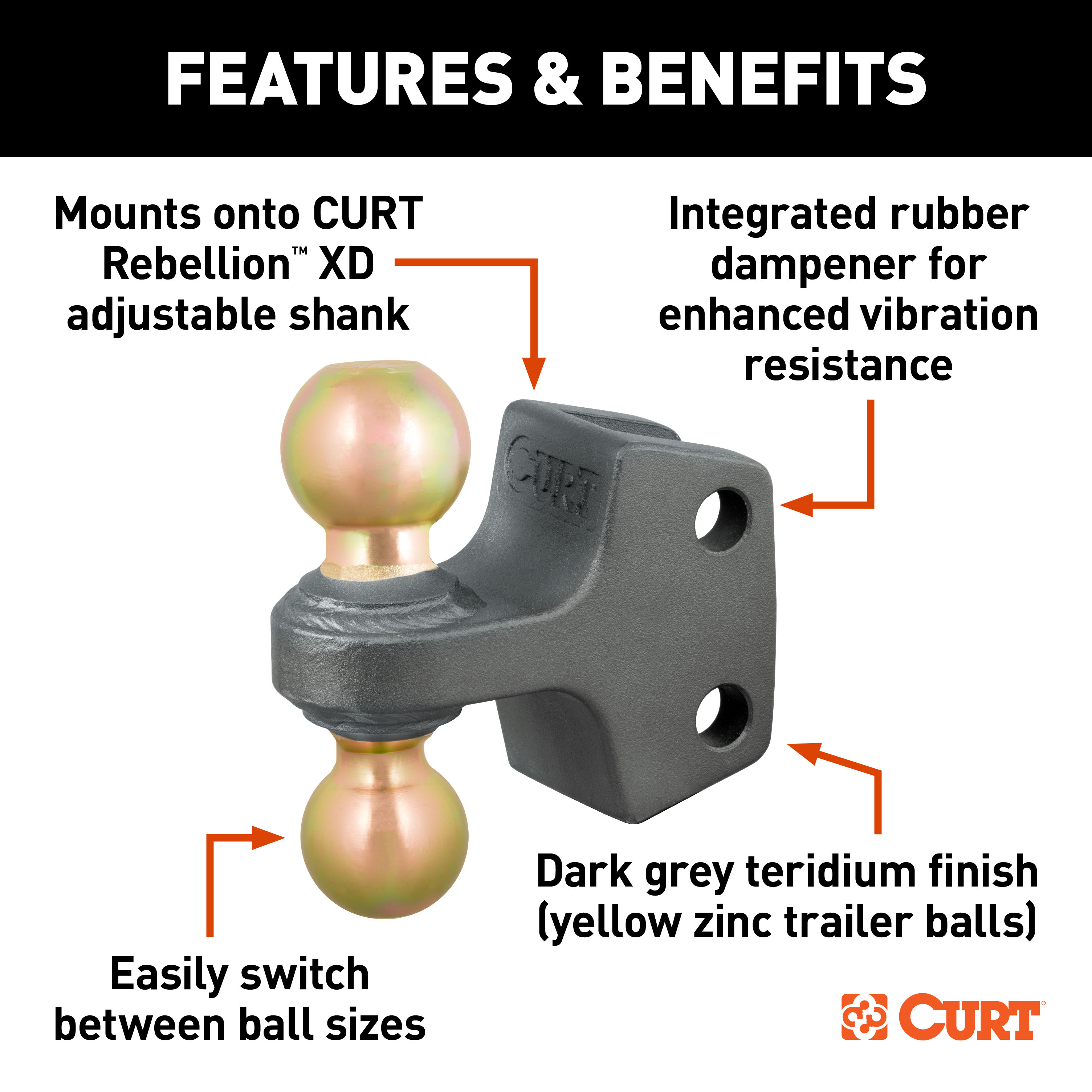CURT Replacement Rebellion XD Dual Ball, 2" & 2-5/16", Up to 20K Trailer Hitch Ball Mount thumbnail 1