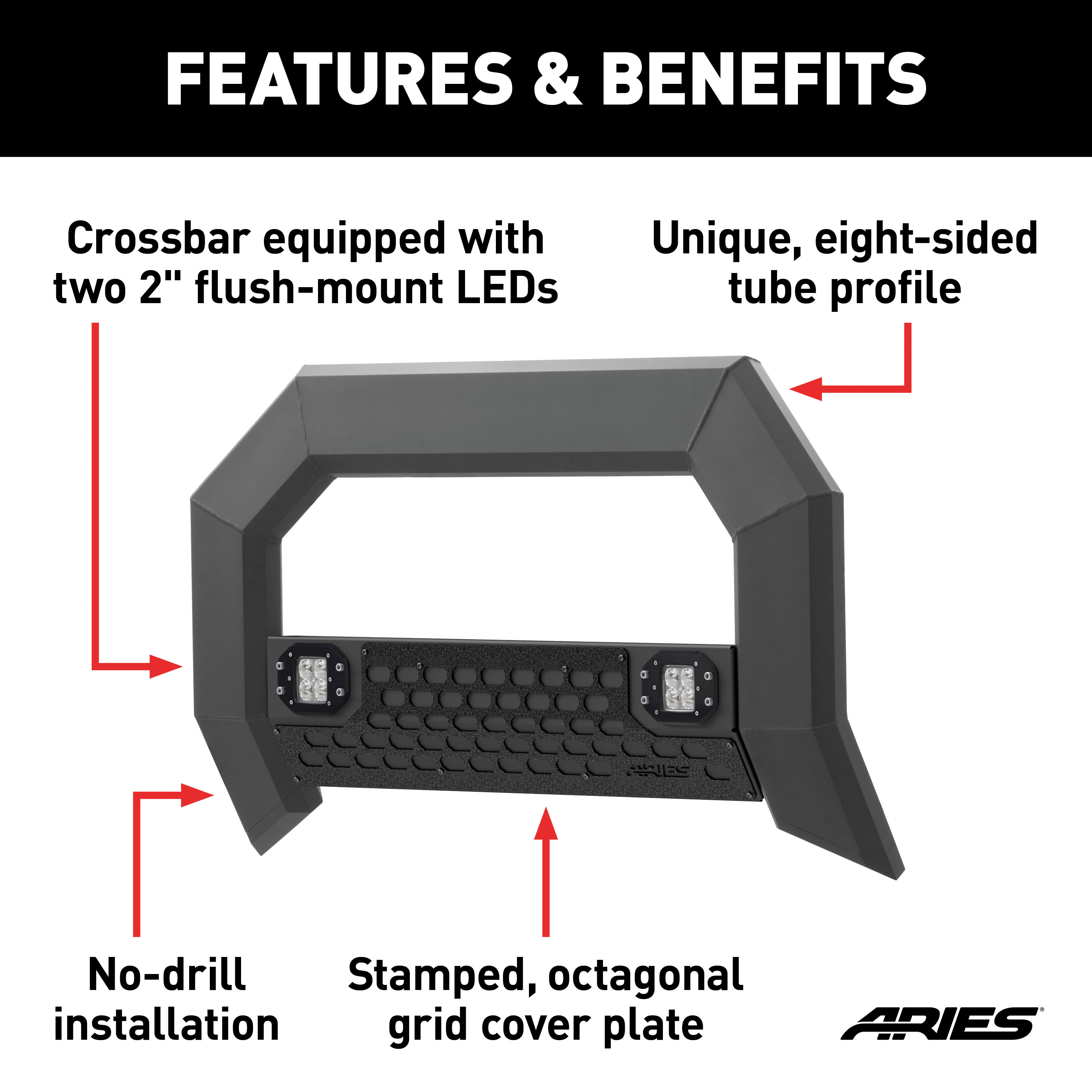 ARIES AdvantEDGE 5-1/2" Black Aluminum Bull Bar with Lights, Select Ford F-150 Brush Guard thumbnail 5