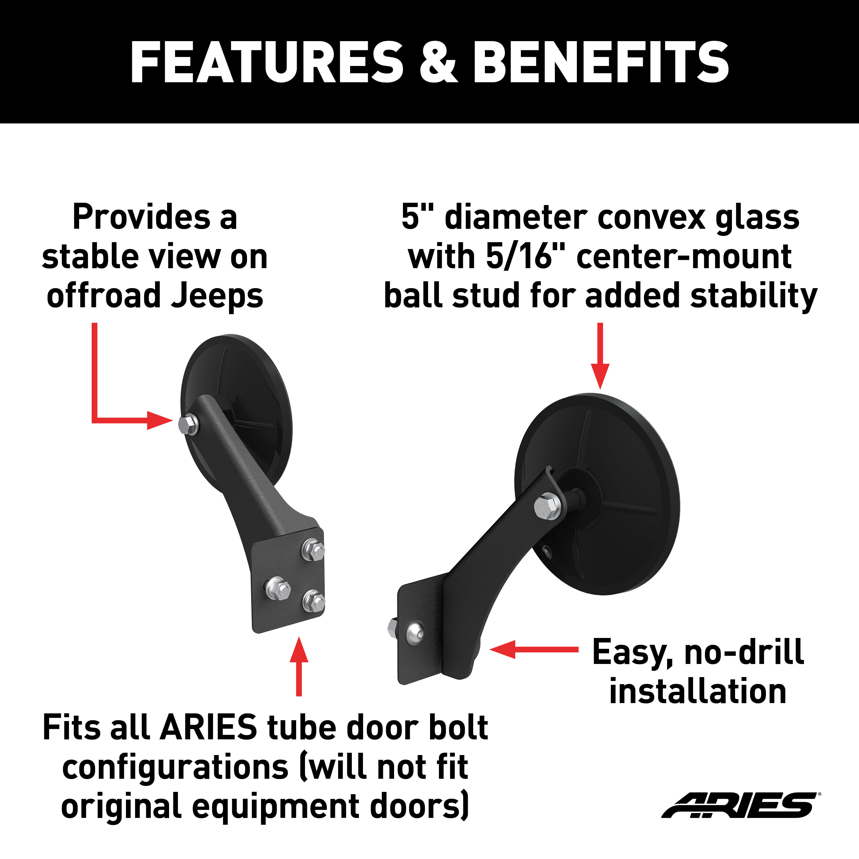 ARIES Offroad Jeep Wrangler Tube Door Mirrors (2-Pack) Door Mirror thumbnail 1