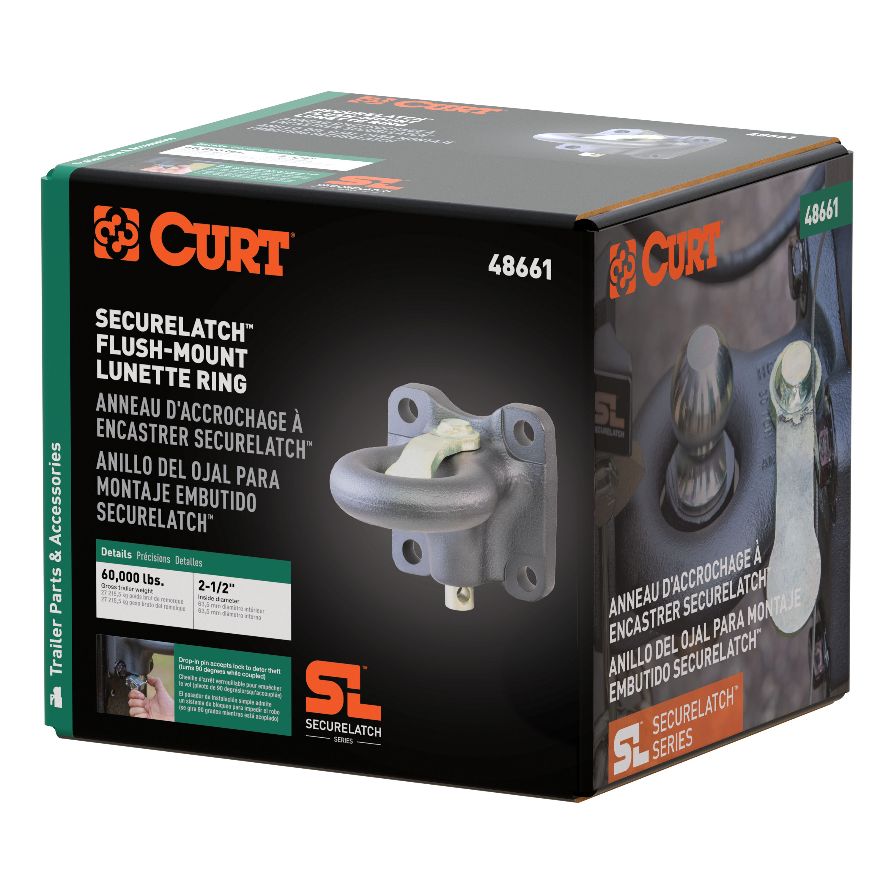 CURT SecureLatch Flush-Mount Lunette Ring (60,000 lbs, 2-1/2" ID) Trailer Hitch Pintle Hook Mount thumbnail 5