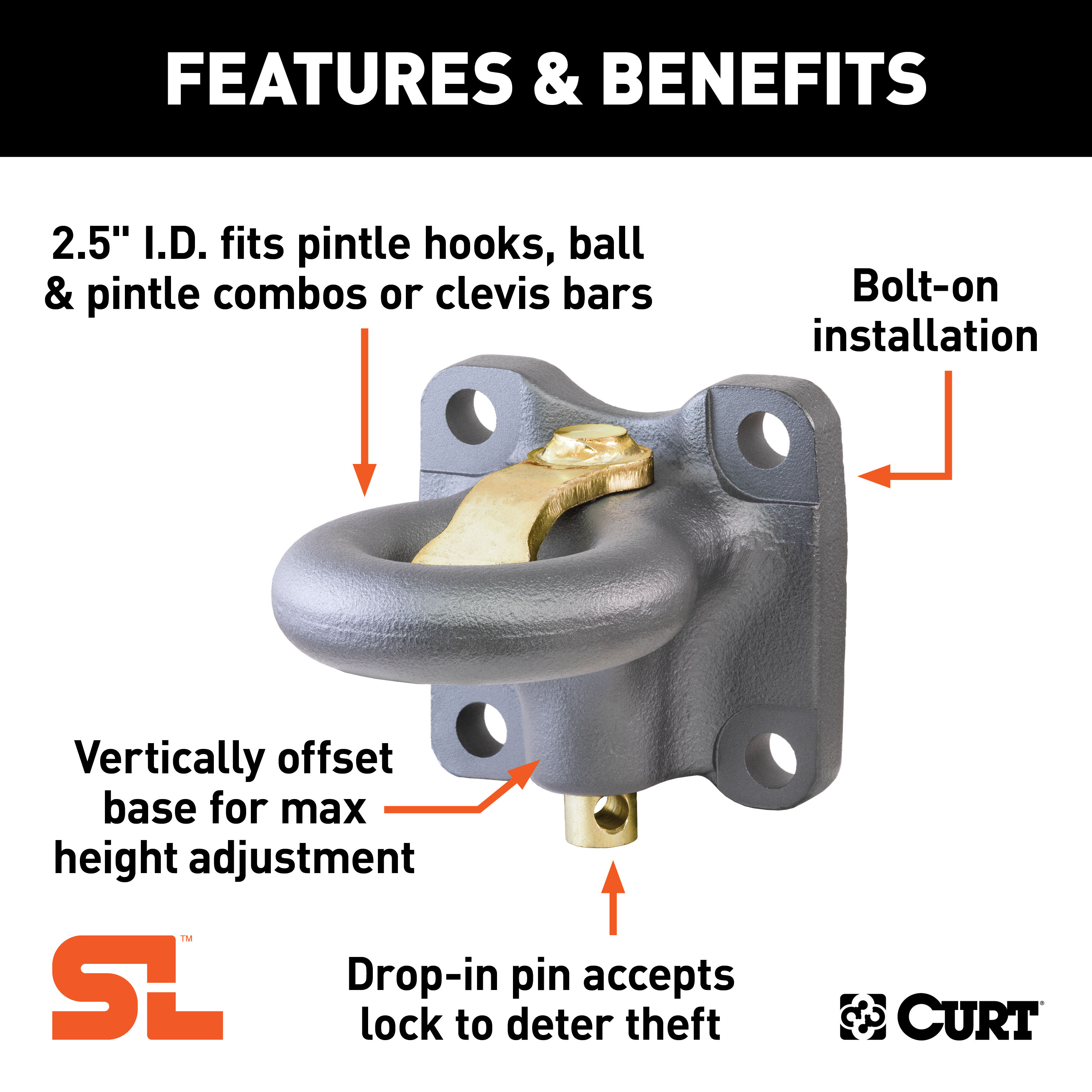 CURT SecureLatch Flush-Mount Lunette Ring (60,000 lbs, 2-1/2" ID) Trailer Hitch Pintle Hook Mount thumbnail 1