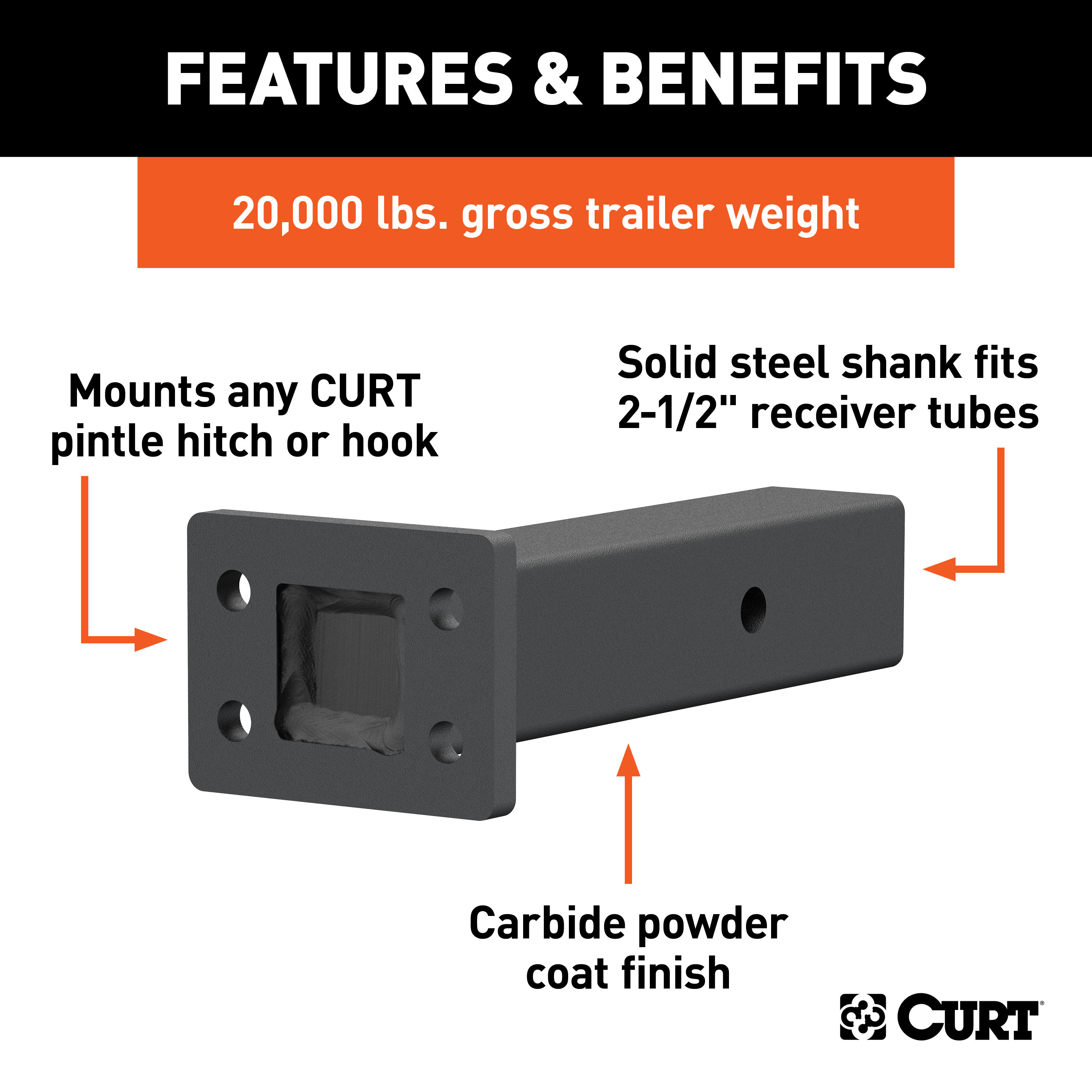 CURT Pintle Mount (2-1/2" Shank, 20,000 lbs., 8" Long) Trailer Hitch Pintle Hook Mount thumbnail 1