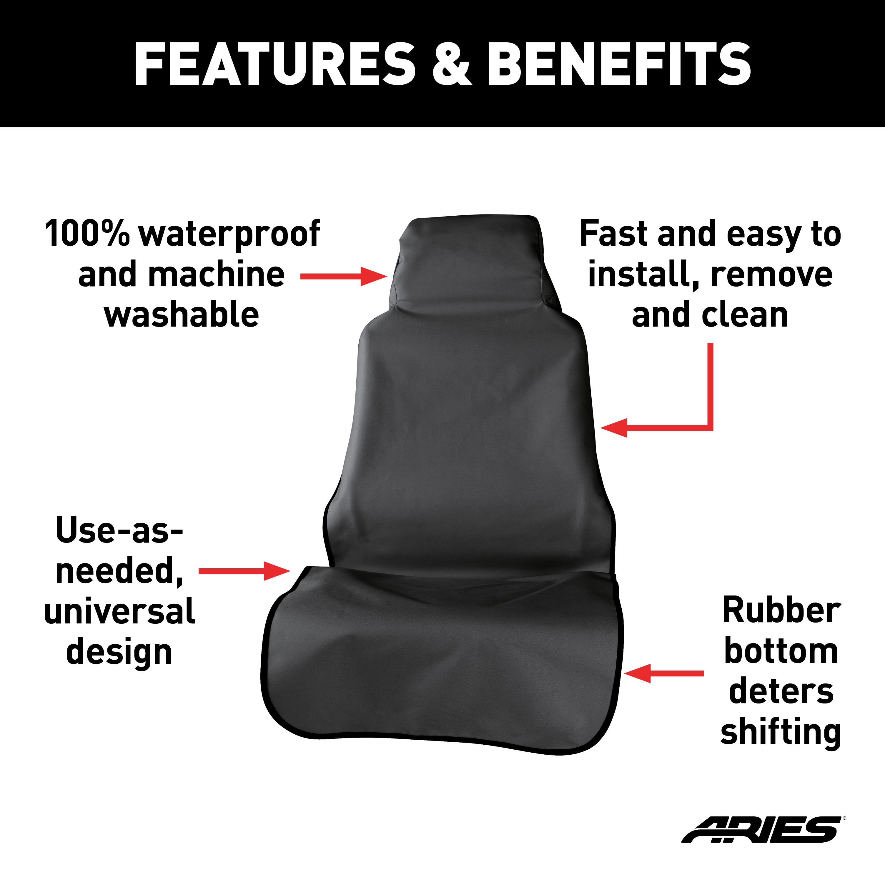 ARIES Seat Defender 58" x 23" Removable Waterproof Black Bucket Seat Cover Seat Cover thumbnail 1