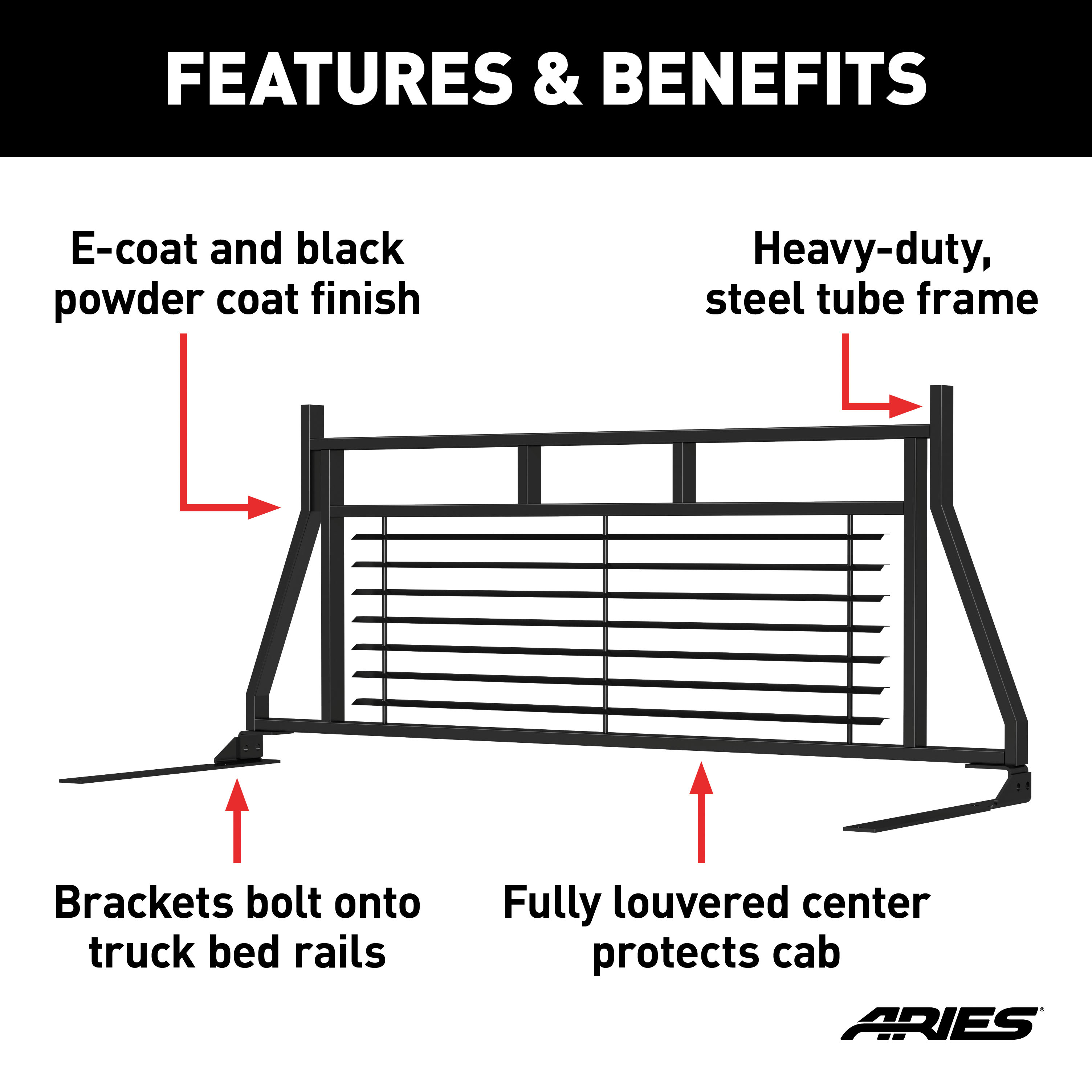 ARIES Classic Black Steel Headache Rack, Select Ford F-250, F-350, F-450 Super Duty Truck Cab Protector / Headache Rack thumbnail 2