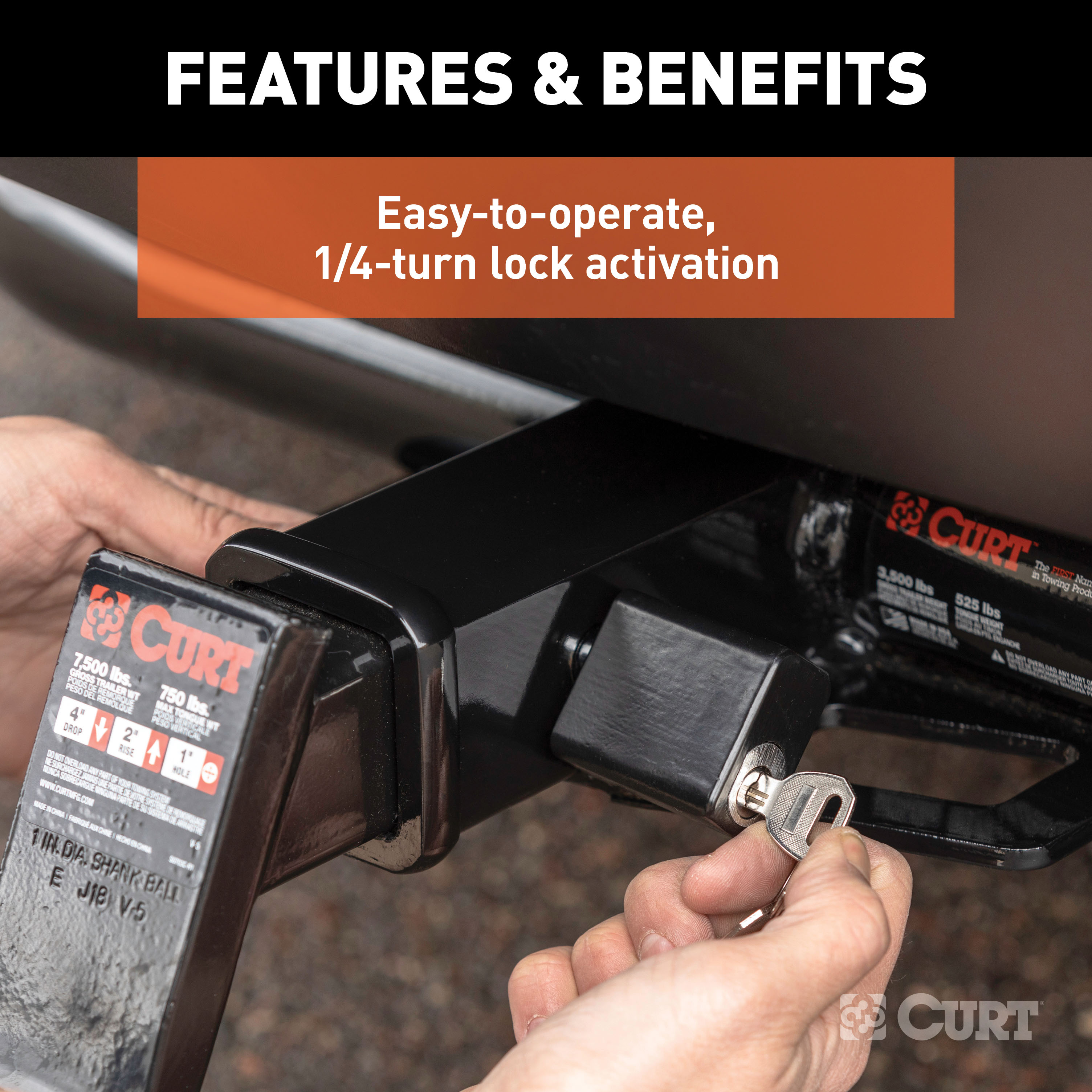CURT 1/2" Hitch Lock with 5/8" Adapter (1-1/4" or 2" Receiver, Deadbolt, Chrome) Trailer Hitch Lock thumbnail 3