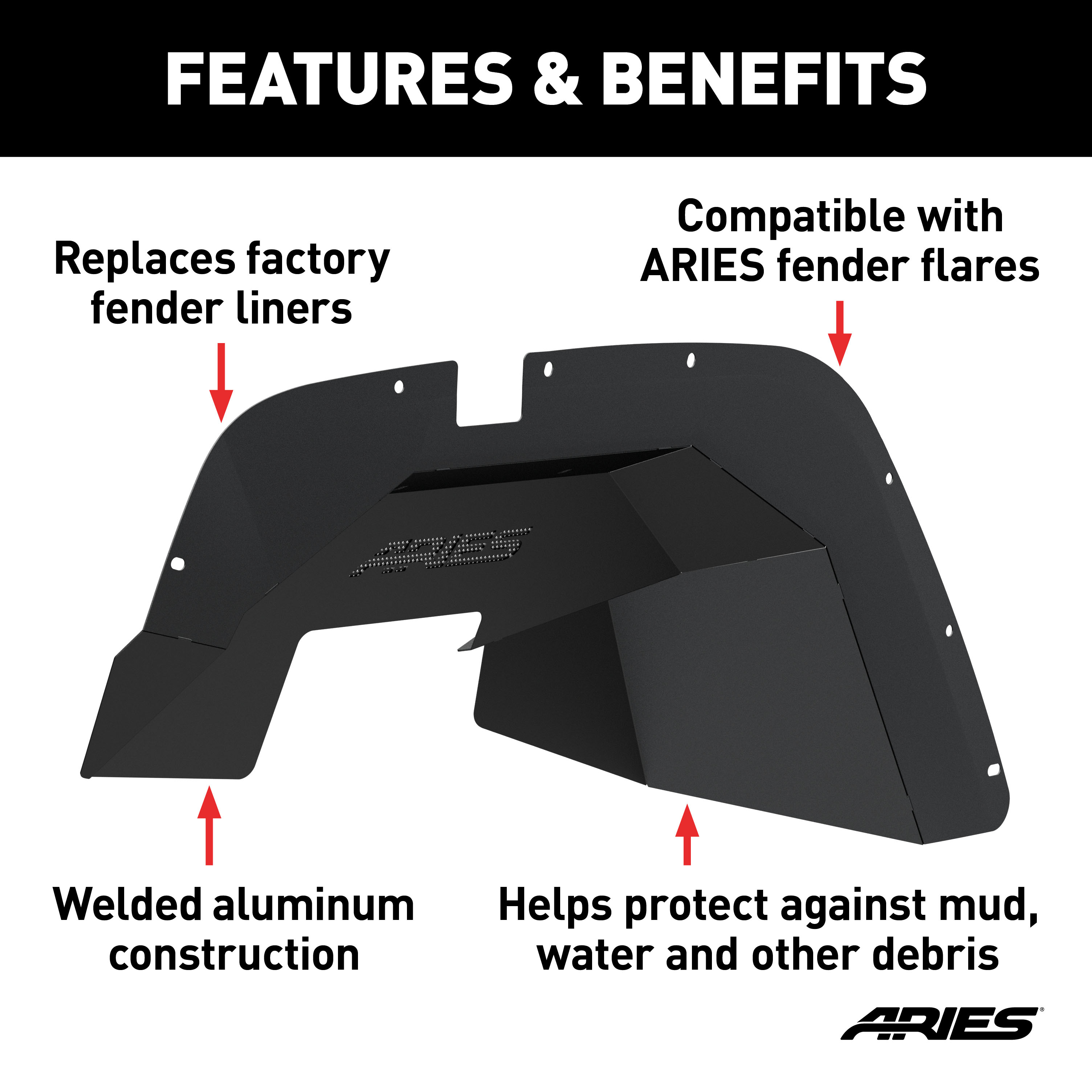 ARIES Jeep Wrangler JK Aluminum Front and Rear Inner Fender Liners Fender Liner thumbnail 1