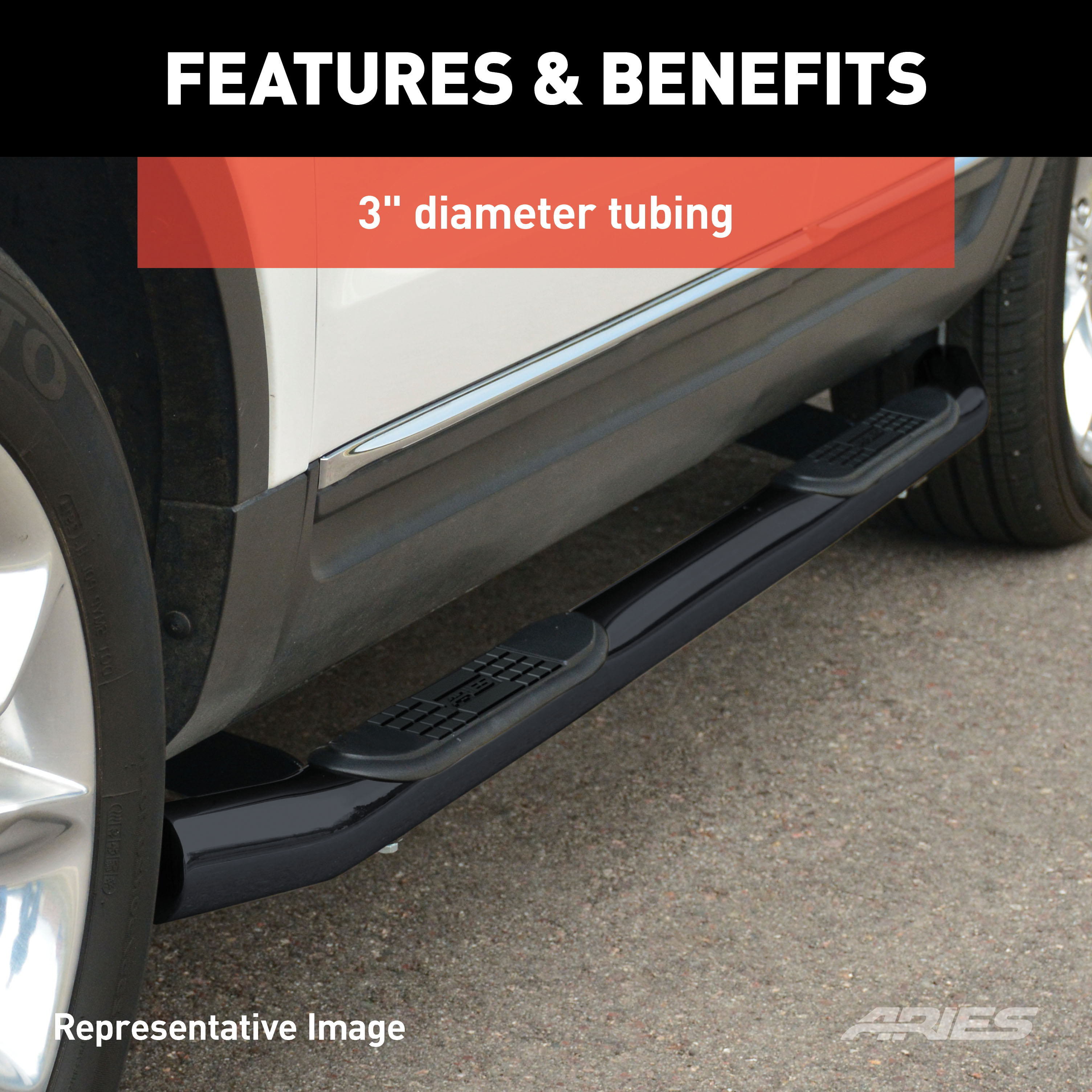 ARIES 3" Round Black Steel Side Bars, Select Dodge Durango Step Nerf Bar Kit thumbnail 3